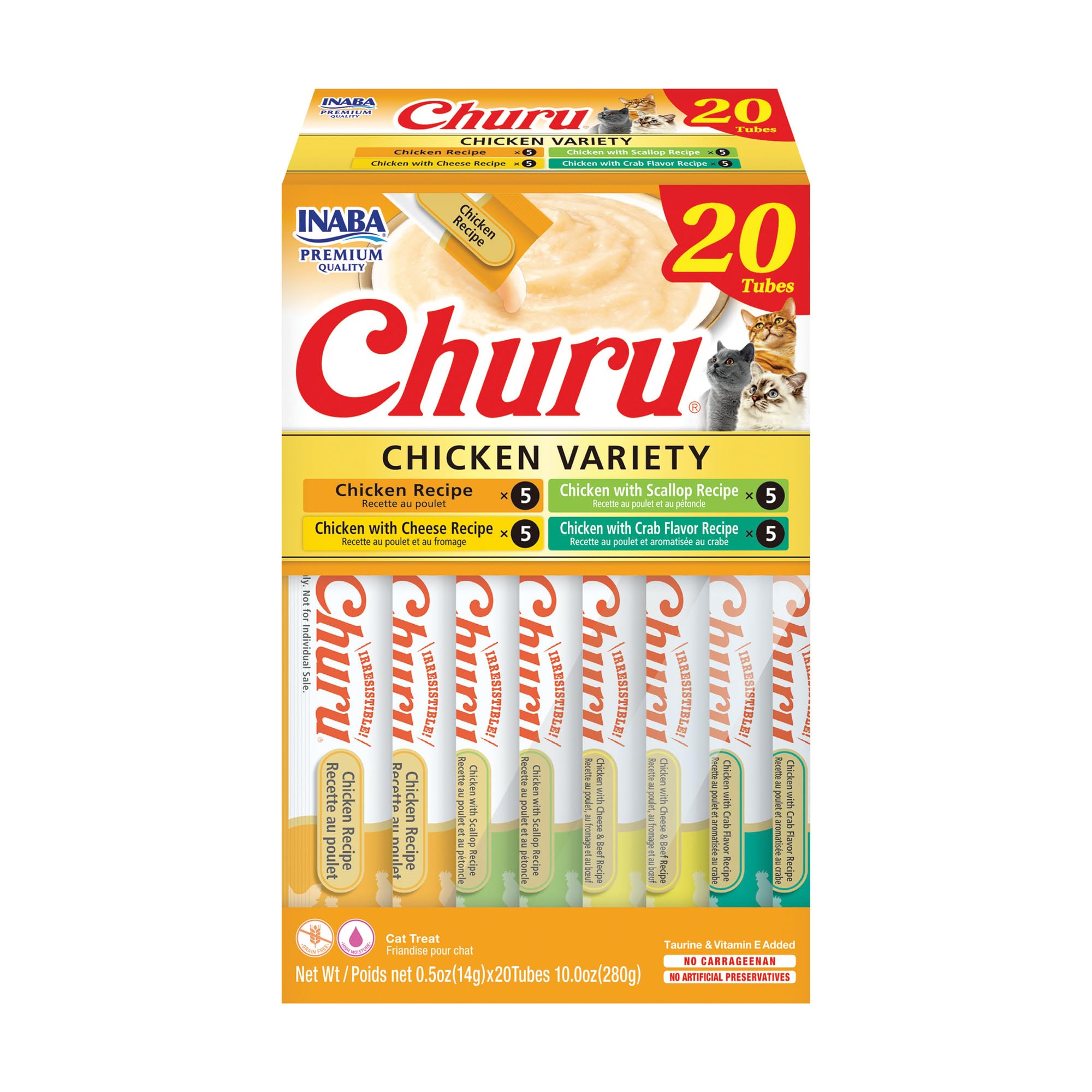 INABA Churu Cat Treats, Lickable, Squeezable Creamy Purée Cat Treat with Green Tea Extract & Taurine, 0.5 Ounces Each Tube, 20 Tubes, Tuna & Seafood Variety Box