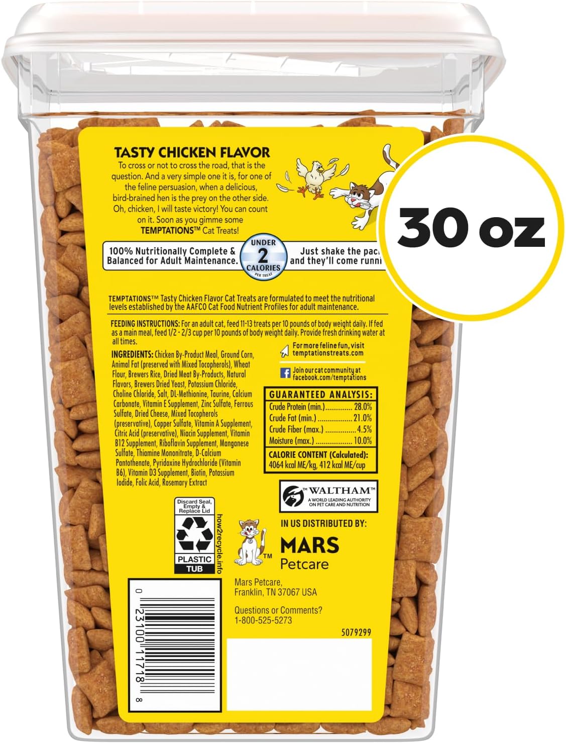 Temptations Classic Crunchy and Soft Cat Treats, Tasty Chicken, 30 oz | Under 2 calories per treat, crunchy outside & soft inside, resealable tub, use as meal or topper, 100% complete & balanced