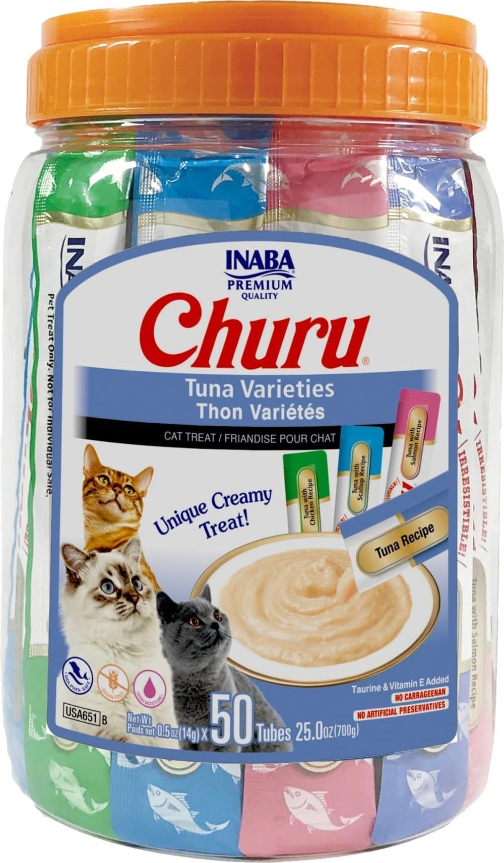INABA Churu Cat Treats, Lickable, Squeezable Creamy Purée Cat Treat with Green Tea Extract & Taurine, 0.5 Ounces Each Tube, 20 Tubes, Tuna & Seafood Variety Box