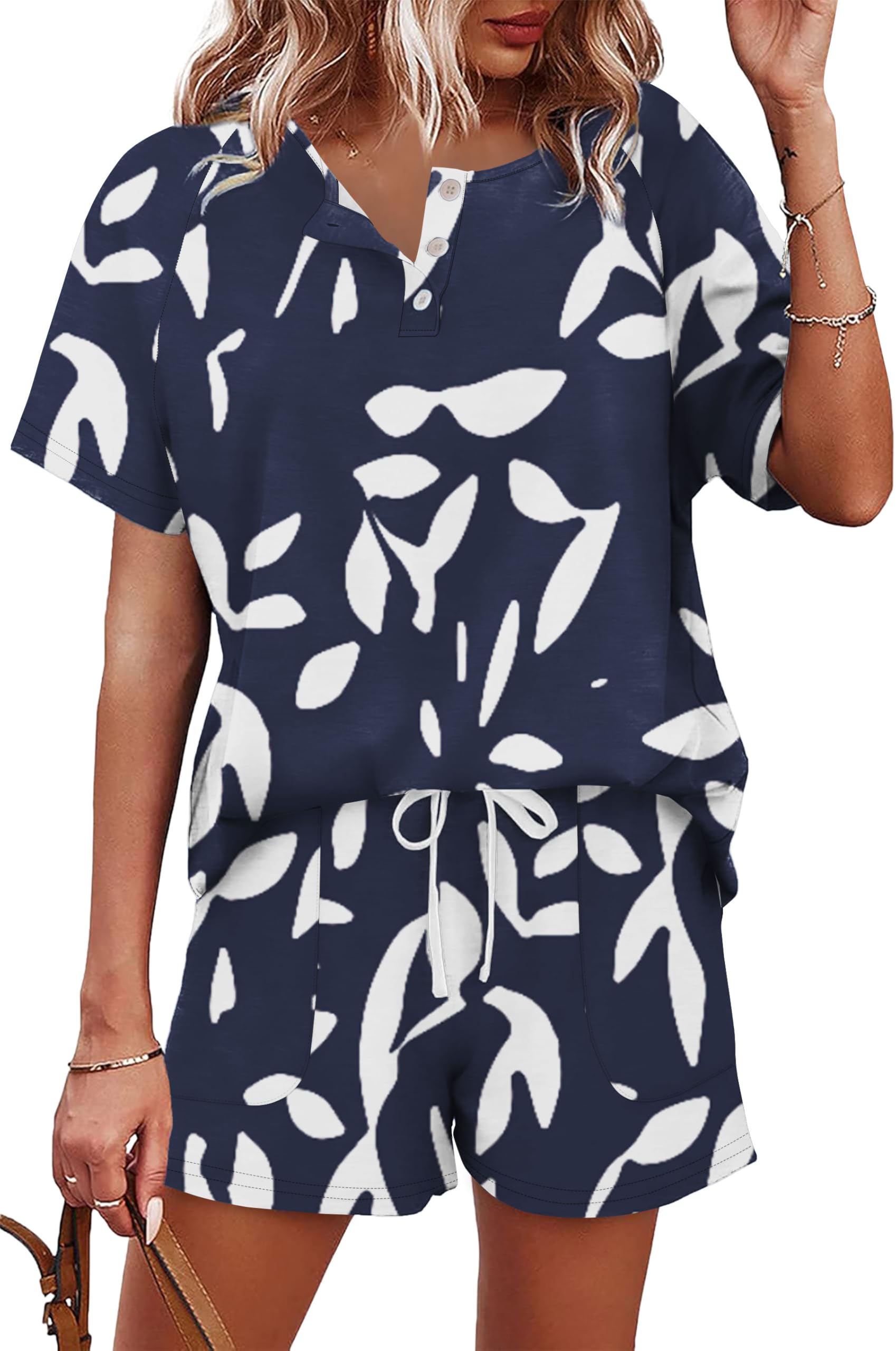 WIHOLL Two Piece Outfits for Women Lounge Sets Button Down Top and Shorts Set Sweatsuits with Pockets