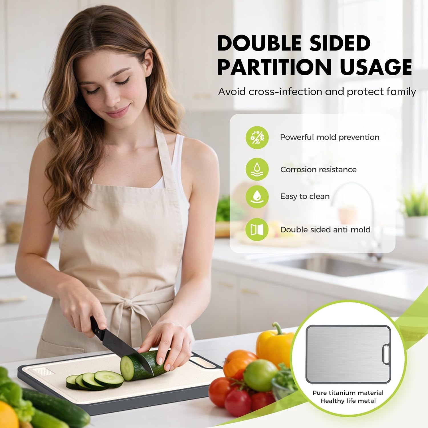 Titanium Cutting Board for Kitchen, Pure Titanium/PP, Size 16”×11” | Food Grade Materials, Separate Prep Surfaces for Raw & Cooked Food, Odor Resistant, Easy to Clean, Durable Kitchen Essential
