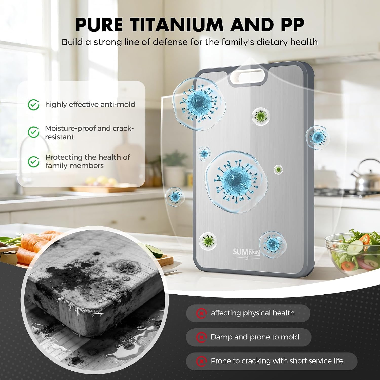 Titanium Cutting Board for Kitchen, Pure Titanium/PP, Size 16”×11” | Food Grade Materials, Separate Prep Surfaces for Raw & Cooked Food, Odor Resistant, Easy to Clean, Durable Kitchen Essential