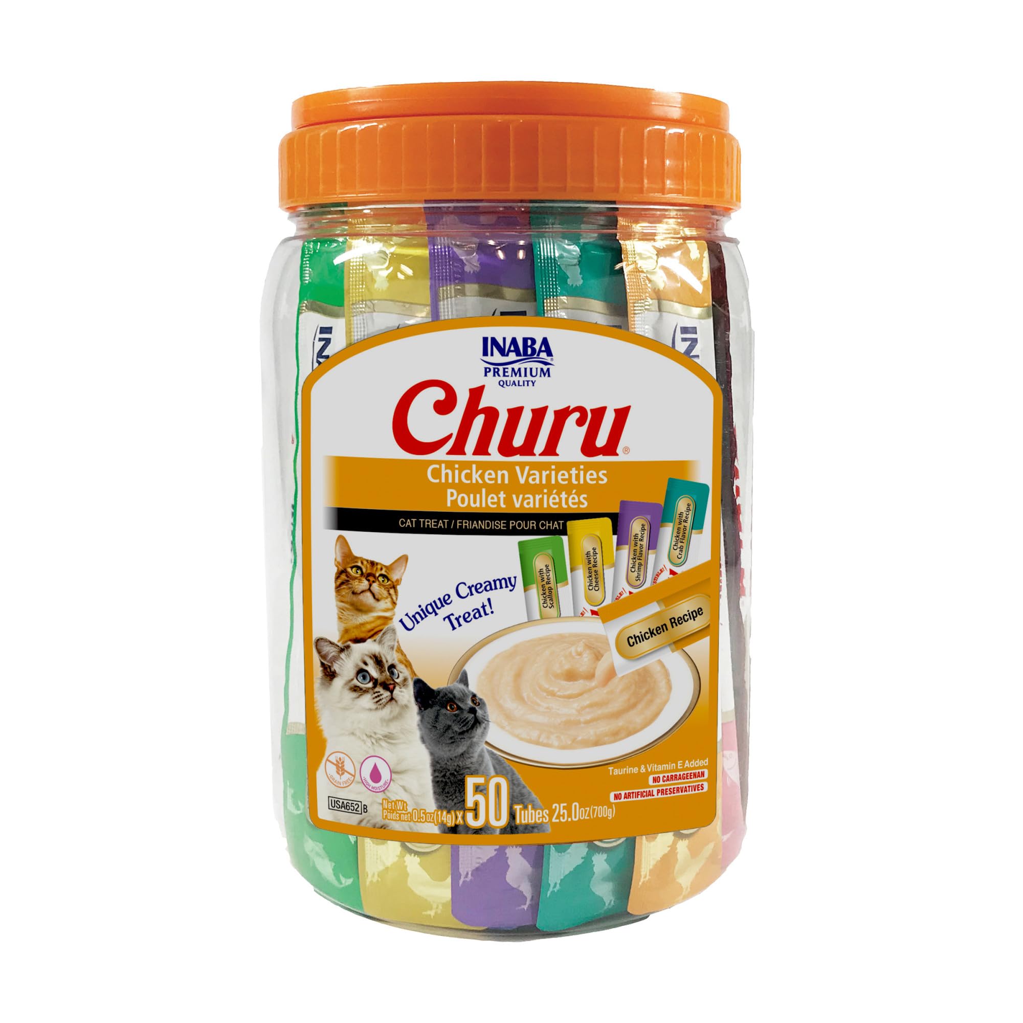INABA Churu Cat Treats, Lickable, Squeezable Creamy Purée Cat Treat with Green Tea Extract & Taurine, 0.5 Ounces Each Tube, 20 Tubes, Tuna & Seafood Variety Box