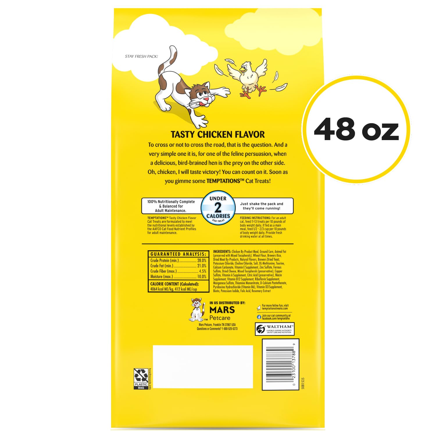 Temptations Classic Crunchy and Soft Cat Treats, Tasty Chicken, 30 oz | Under 2 calories per treat, crunchy outside & soft inside, resealable tub, use as meal or topper, 100% complete & balanced