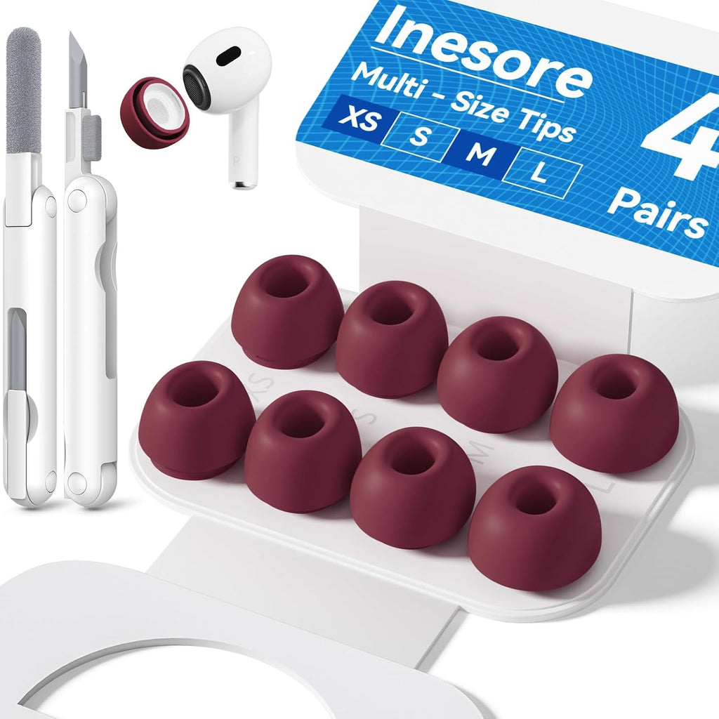 Inesore 4 Pairs Replacement Ear Tips for AirPods Pro 2nd/1st (Dark red) | with Noise Reduction Hole & Built-in dust Guard Screen,Silicone,with Portable Storage Box & Cleaner Pen,4 Size (XS/S/M/L)