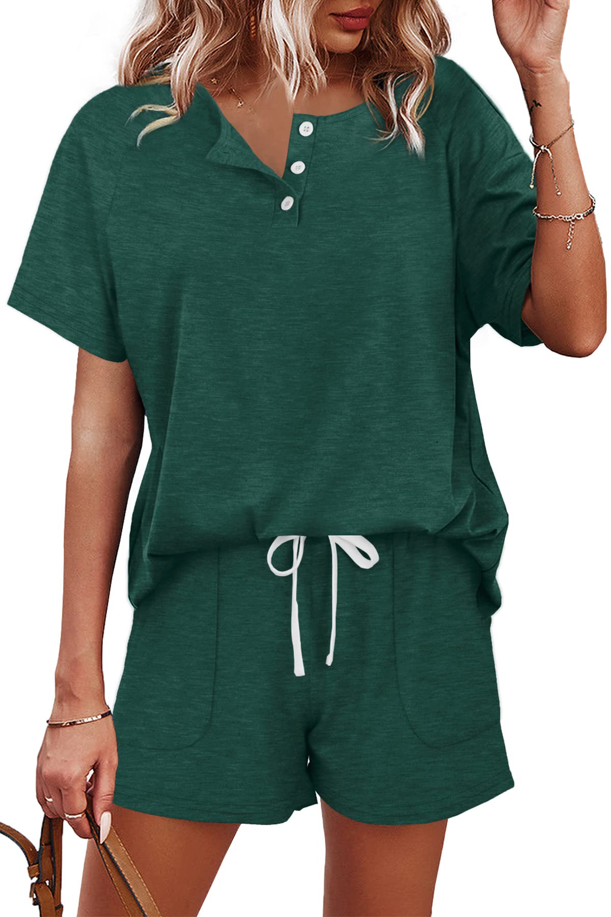 WIHOLL Two Piece Outfits for Women Lounge Sets Button Down Top and Shorts Set Sweatsuits with Pockets