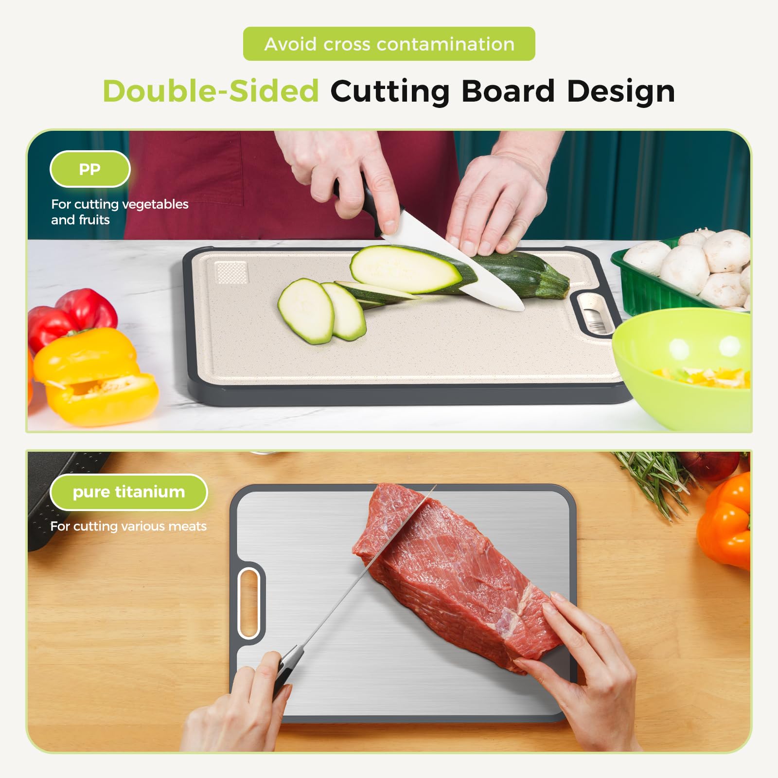 Titanium Cutting Board for Kitchen, Pure Titanium/PP, Size 16”×11” | Food Grade Materials, Separate Prep Surfaces for Raw & Cooked Food, Odor Resistant, Easy to Clean, Durable Kitchen Essential