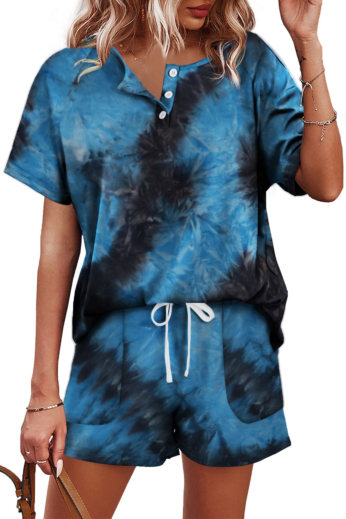 WIHOLL Two Piece Outfits for Women Lounge Sets Button Down Top and Shorts Set Sweatsuits with Pockets