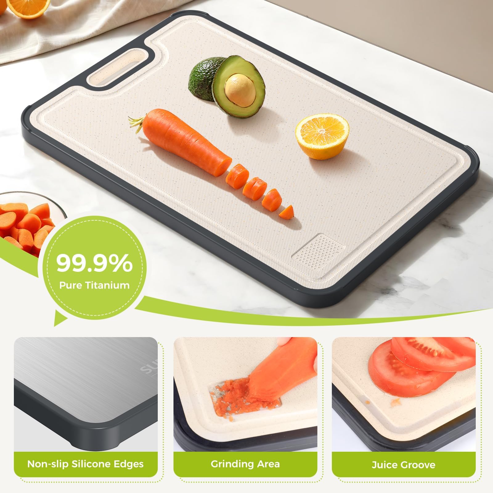 Titanium Cutting Board for Kitchen, Pure Titanium/PP, Size 16”×11” | Food Grade Materials, Separate Prep Surfaces for Raw & Cooked Food, Odor Resistant, Easy to Clean, Durable Kitchen Essential