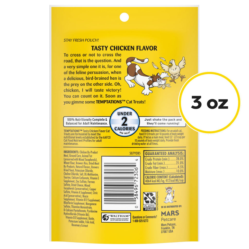 Temptations Classic Crunchy and Soft Cat Treats, Tasty Chicken, 30 oz | Under 2 calories per treat, crunchy outside & soft inside, resealable tub, use as meal or topper, 100% complete & balanced