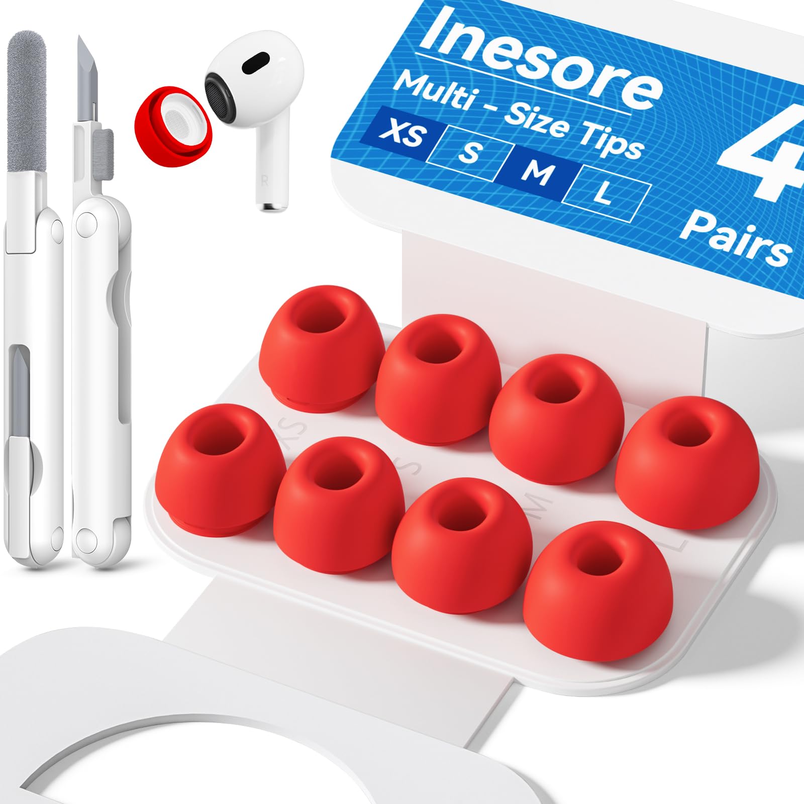 Inesore 4 Pairs Replacement Ear Tips for AirPods Pro 2nd/1st (Dark red) | with Noise Reduction Hole & Built-in dust Guard Screen,Silicone,with Portable Storage Box & Cleaner Pen,4 Size (XS/S/M/L)