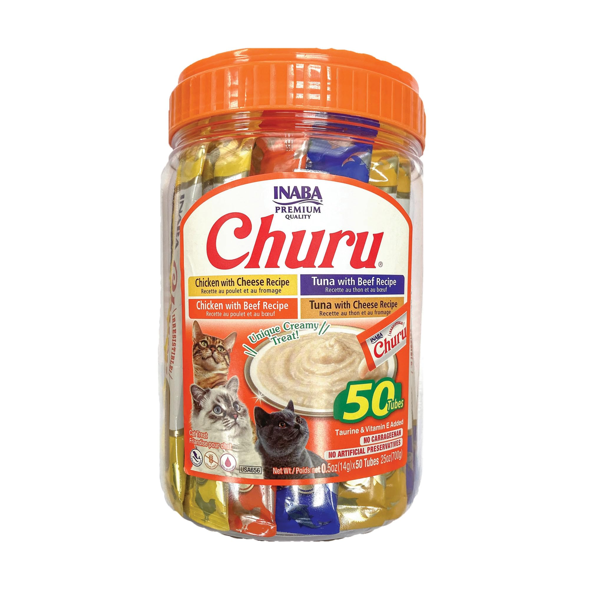 INABA Churu Cat Treats, Lickable, Squeezable Creamy Purée Cat Treat with Green Tea Extract & Taurine, 0.5 Ounces Each Tube, 20 Tubes, Tuna & Seafood Variety Box