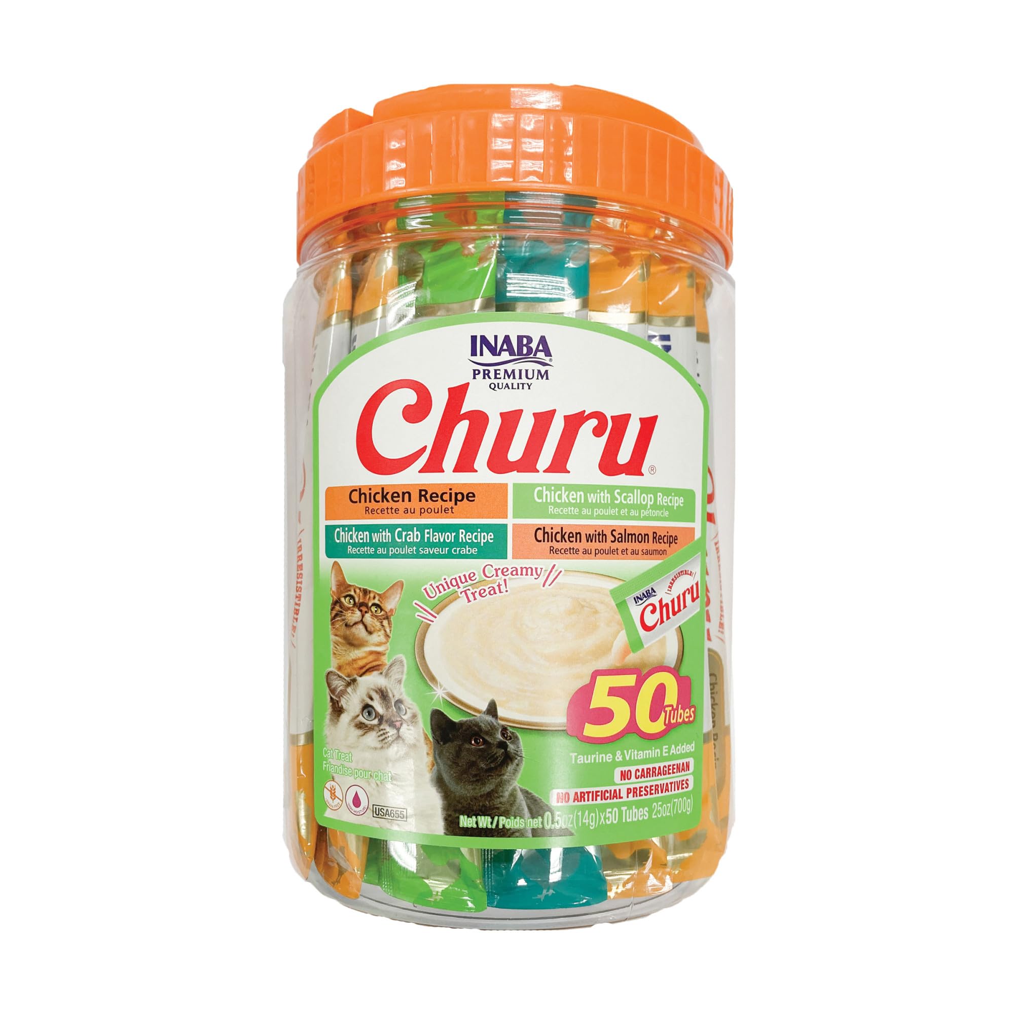 INABA Churu Cat Treats, Lickable, Squeezable Creamy Purée Cat Treat with Green Tea Extract & Taurine, 0.5 Ounces Each Tube, 20 Tubes, Tuna & Seafood Variety Box