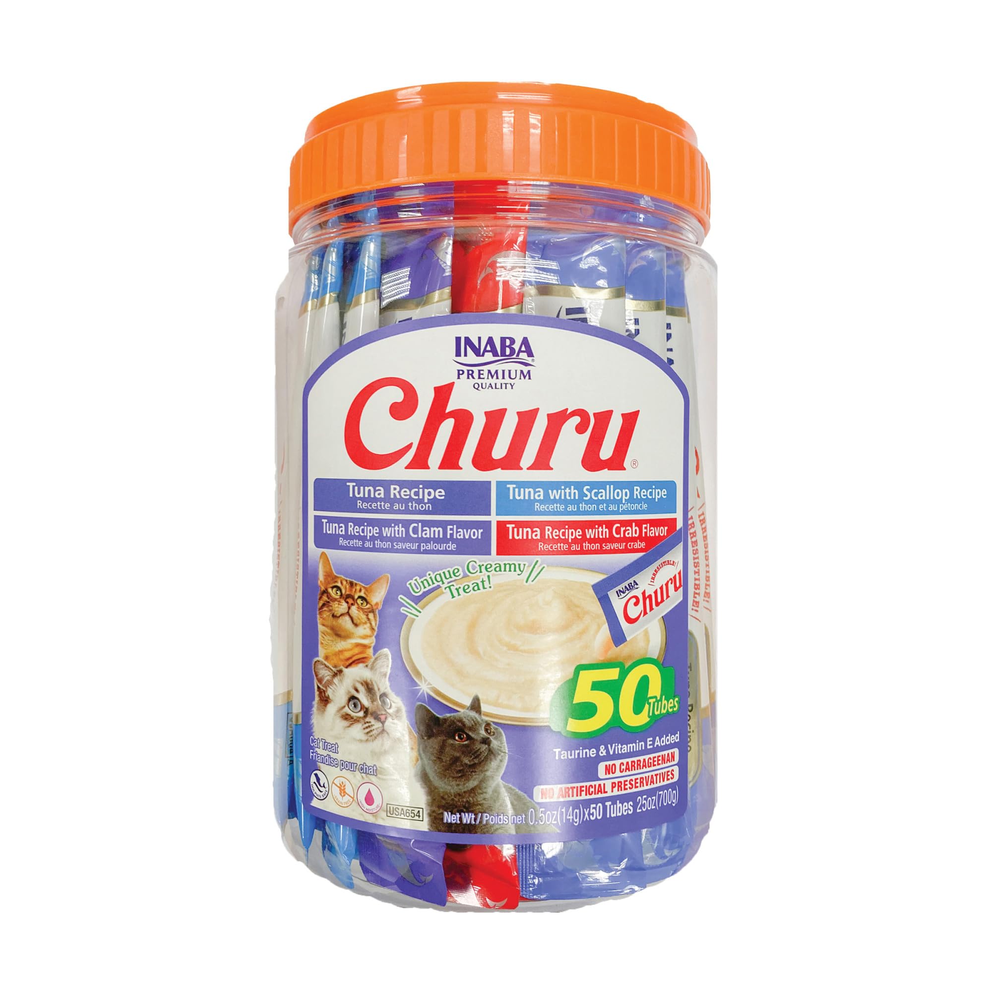 INABA Churu Cat Treats, Lickable, Squeezable Creamy Purée Cat Treat with Green Tea Extract & Taurine, 0.5 Ounces Each Tube, 20 Tubes, Tuna & Seafood Variety Box