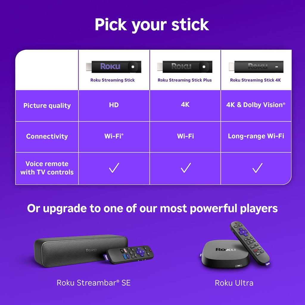 Roku Streaming Stick HD with Voice Remote | Compact 4K Streaming Device for TV with Roku Voice Remote & Long-Range Wi-Fi - Free & Live Local News, Sports