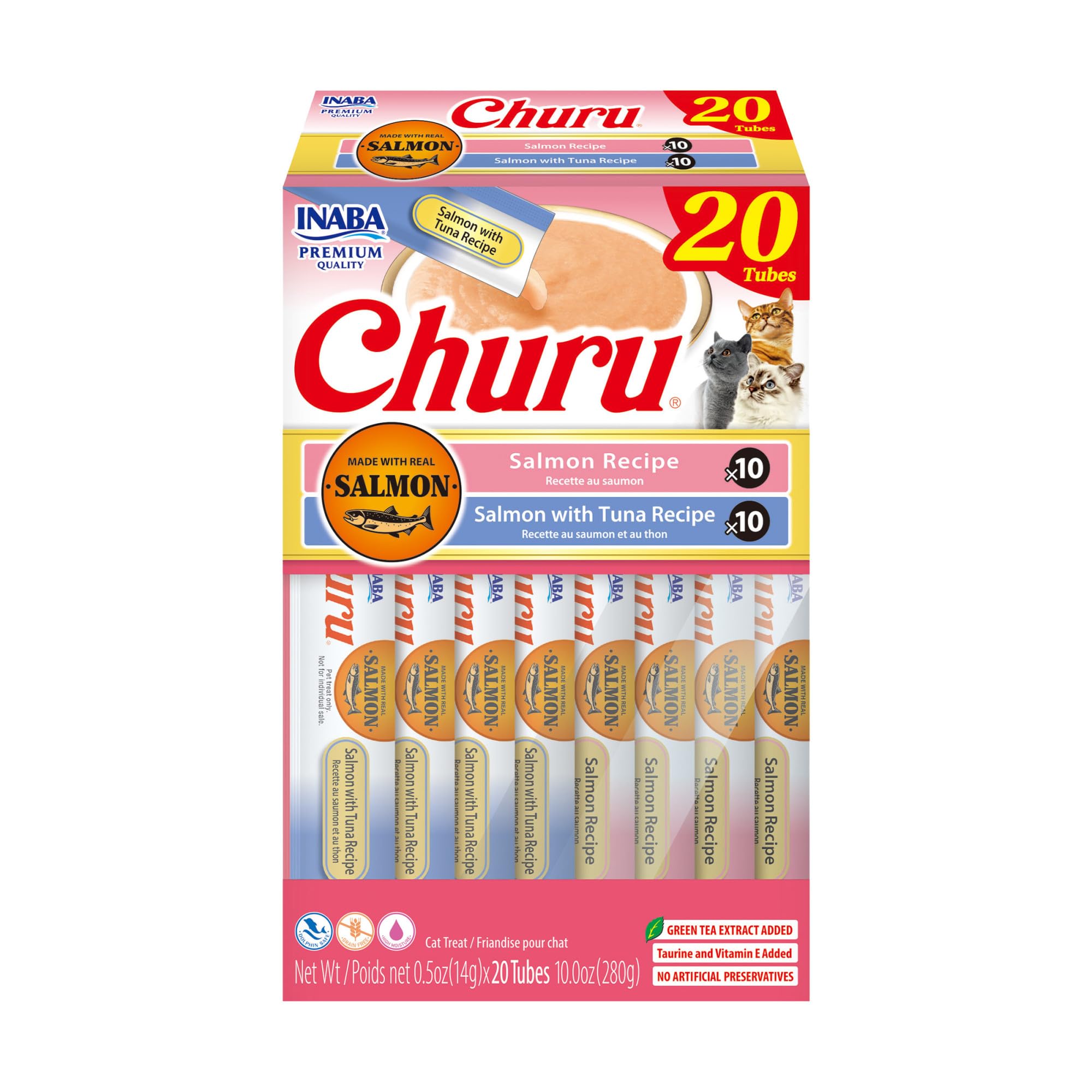 INABA Churu Cat Treats, Lickable, Squeezable Creamy Purée Cat Treat with Green Tea Extract & Taurine, 0.5 Ounces Each Tube, 20 Tubes, Tuna & Seafood Variety Box