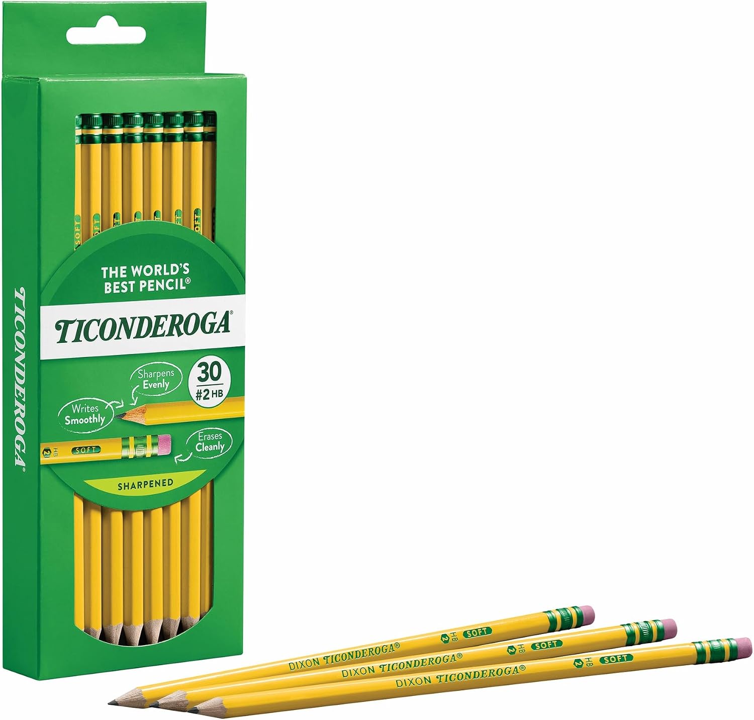 Ticonderoga Wood-Cased Pencils, Pre-Sharpened | #2 HB Soft, Yellow, 30 Count, Standard Size, High Quality Eraser