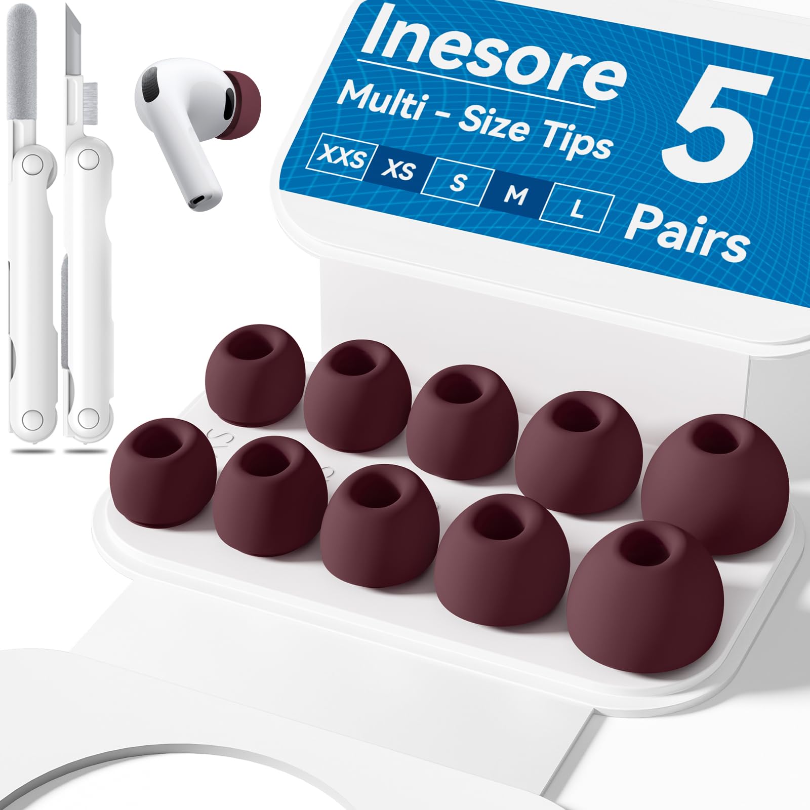 Inesore 4 Pairs Replacement Ear Tips for AirPods Pro 2nd/1st (Dark red) | with Noise Reduction Hole & Built-in dust Guard Screen,Silicone,with Portable Storage Box & Cleaner Pen,4 Size (XS/S/M/L)