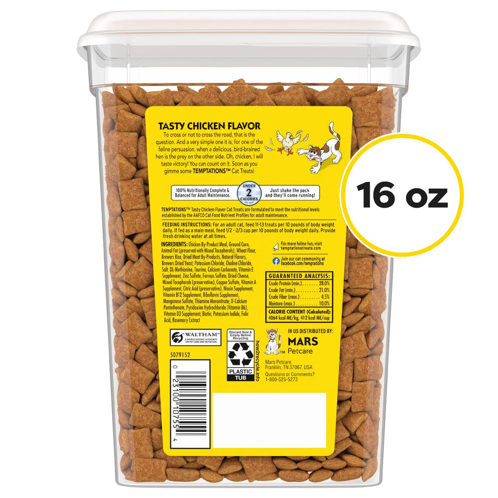 Temptations Classic Crunchy and Soft Cat Treats, Tasty Chicken, 30 oz | Under 2 calories per treat, crunchy outside & soft inside, resealable tub, use as meal or topper, 100% complete & balanced