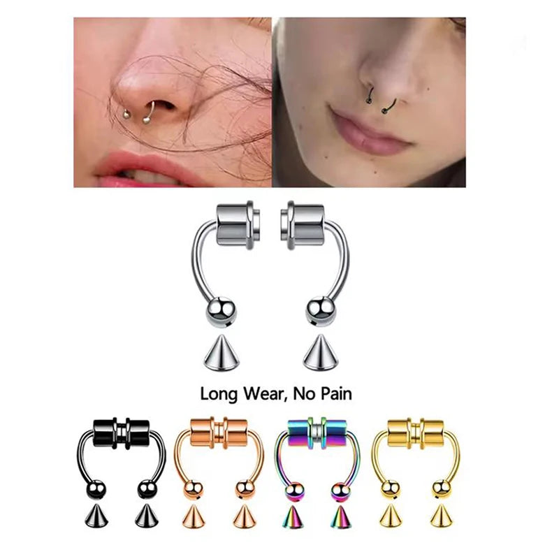 Punk Hip Hop Non-Pierced Magnetic Nose Ring For Ladies, Stainless Steel Clip On Fake Septum Jewelry Halloween Party Accessory