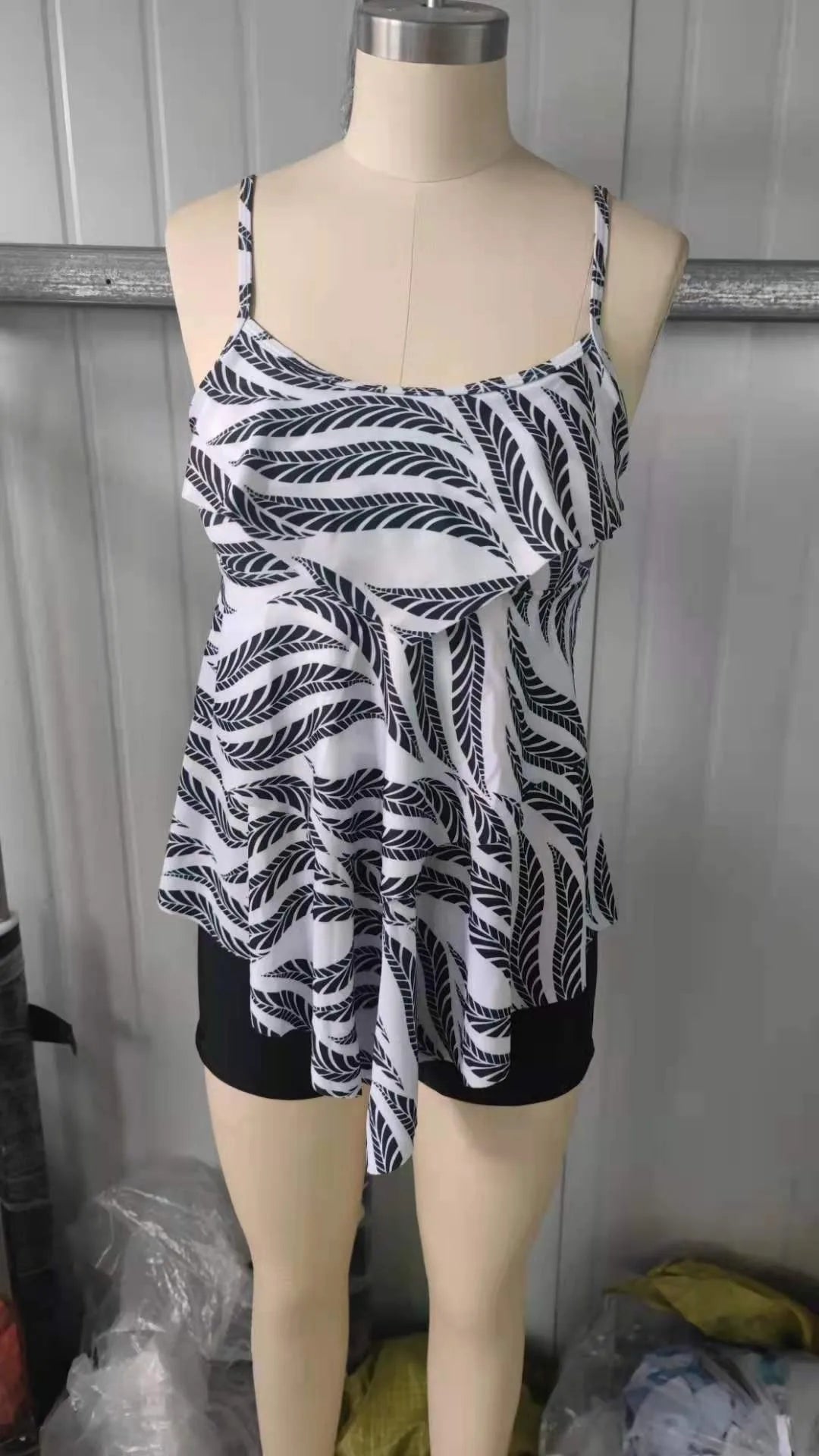 Woman Bikini Floral Print Tankini With Shorts High Waist Shorts Spaghetti Straps Swimwear Ruffle Trim Top Two Piece Swimsuit
