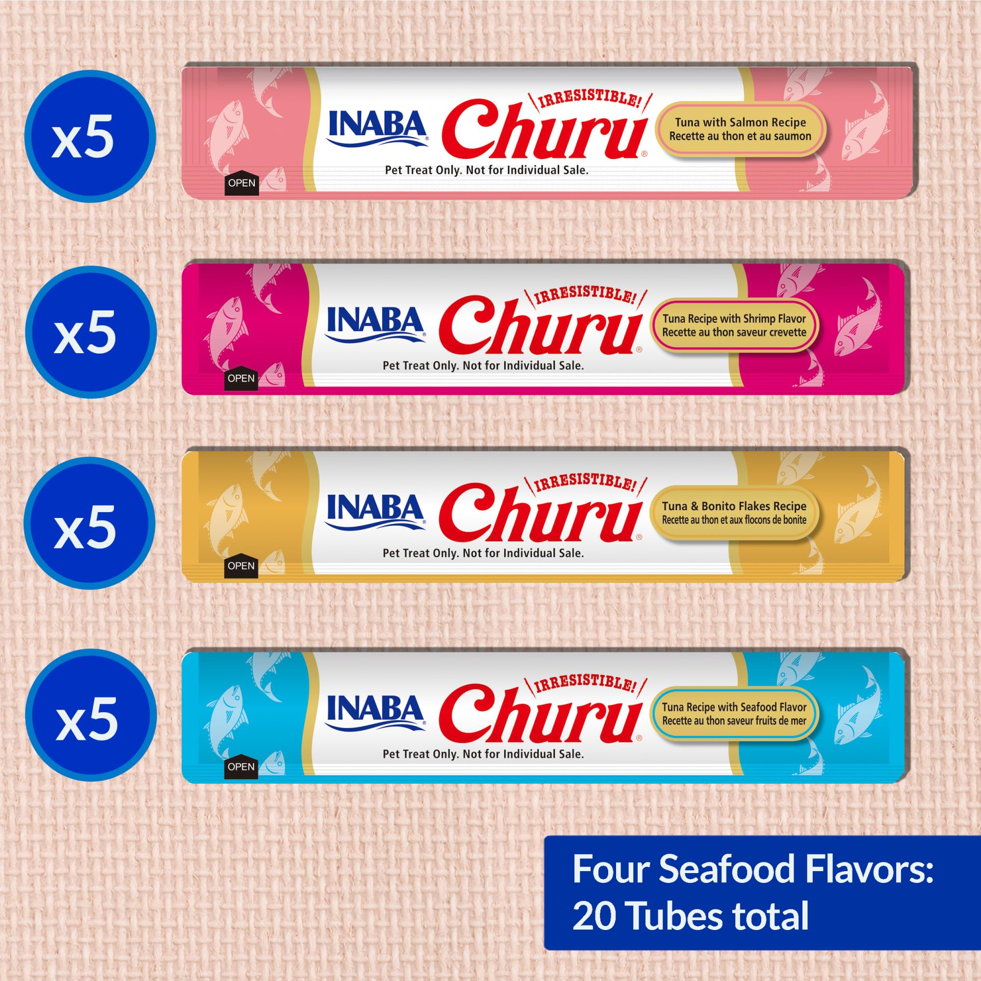 INABA Churu Cat Treats, Lickable, Squeezable Creamy Purée Cat Treat with Green Tea Extract & Taurine, 0.5 Ounces Each Tube, 20 Tubes, Tuna & Seafood Variety Box