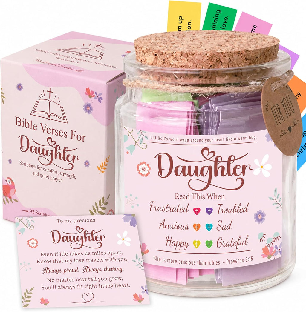 Bible Verses Jar for Daughter – Daughter Gifts From Mom, Graduation Gifts for Daughters, 92 Bible Verses Folded by hand, Christian Gift for Women