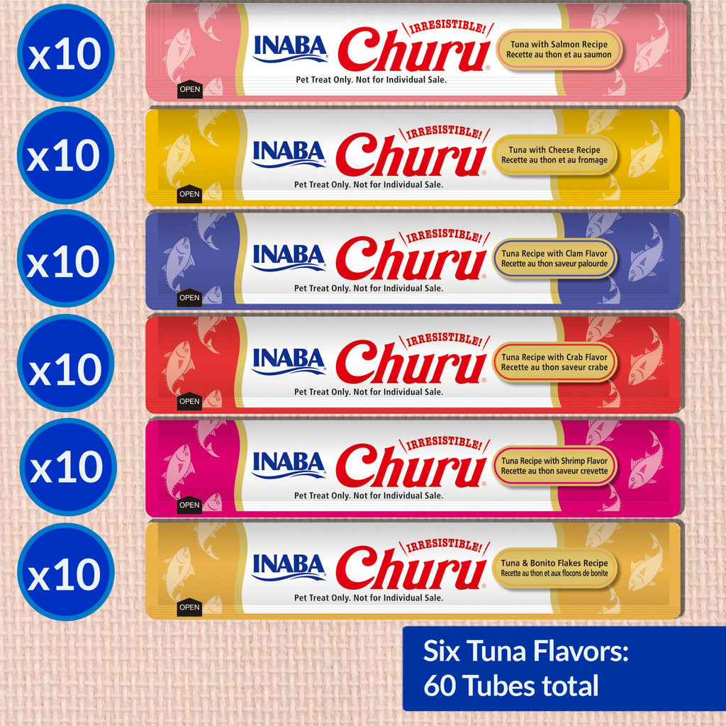 INABA Churu Cat Treats, Lickable, Squeezable Creamy Purée Cat Treat with Green Tea Extract & Taurine, 0.5 Ounces Each Tube, 20 Tubes, Tuna & Seafood Variety Box