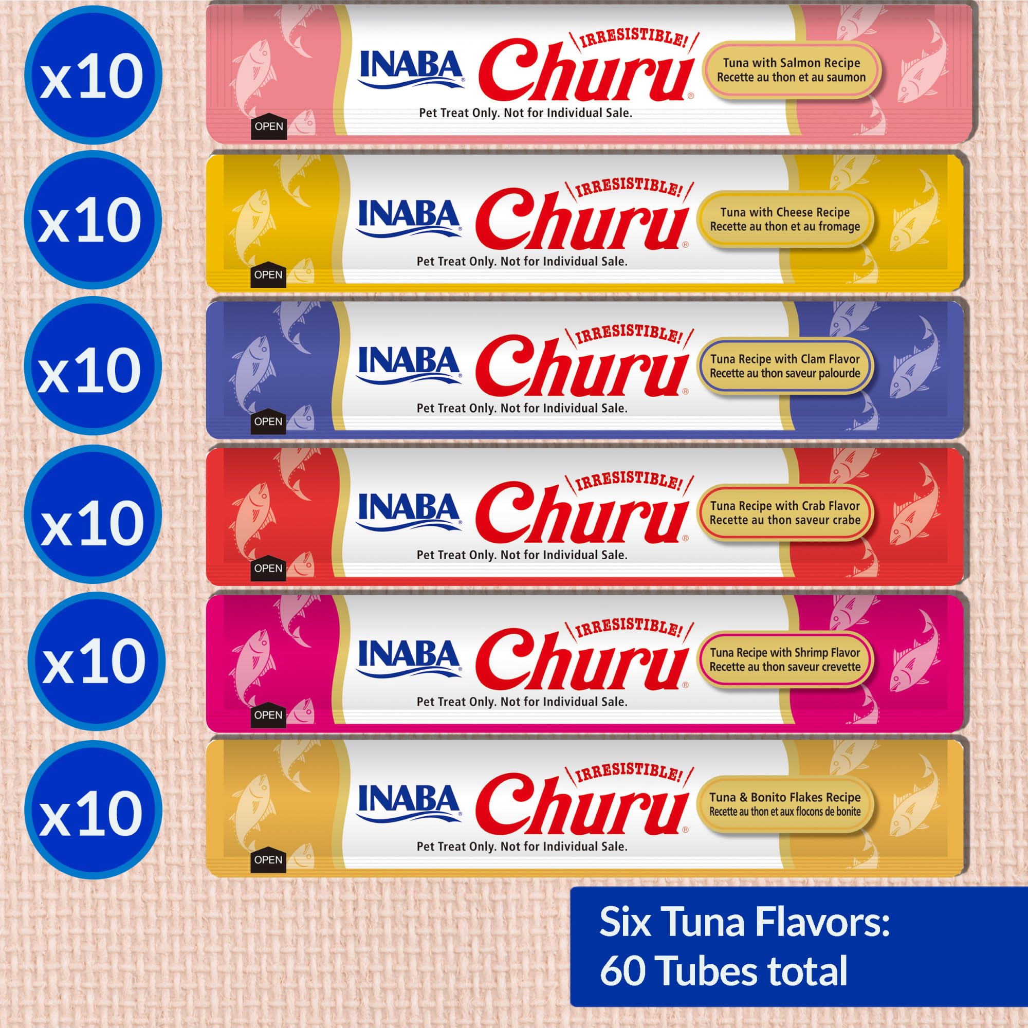 INABA Churu Cat Treats, Lickable, Squeezable Creamy Purée Cat Treat with Green Tea Extract & Taurine, 0.5 Ounces Each Tube, 20 Tubes, Tuna & Seafood Variety Box