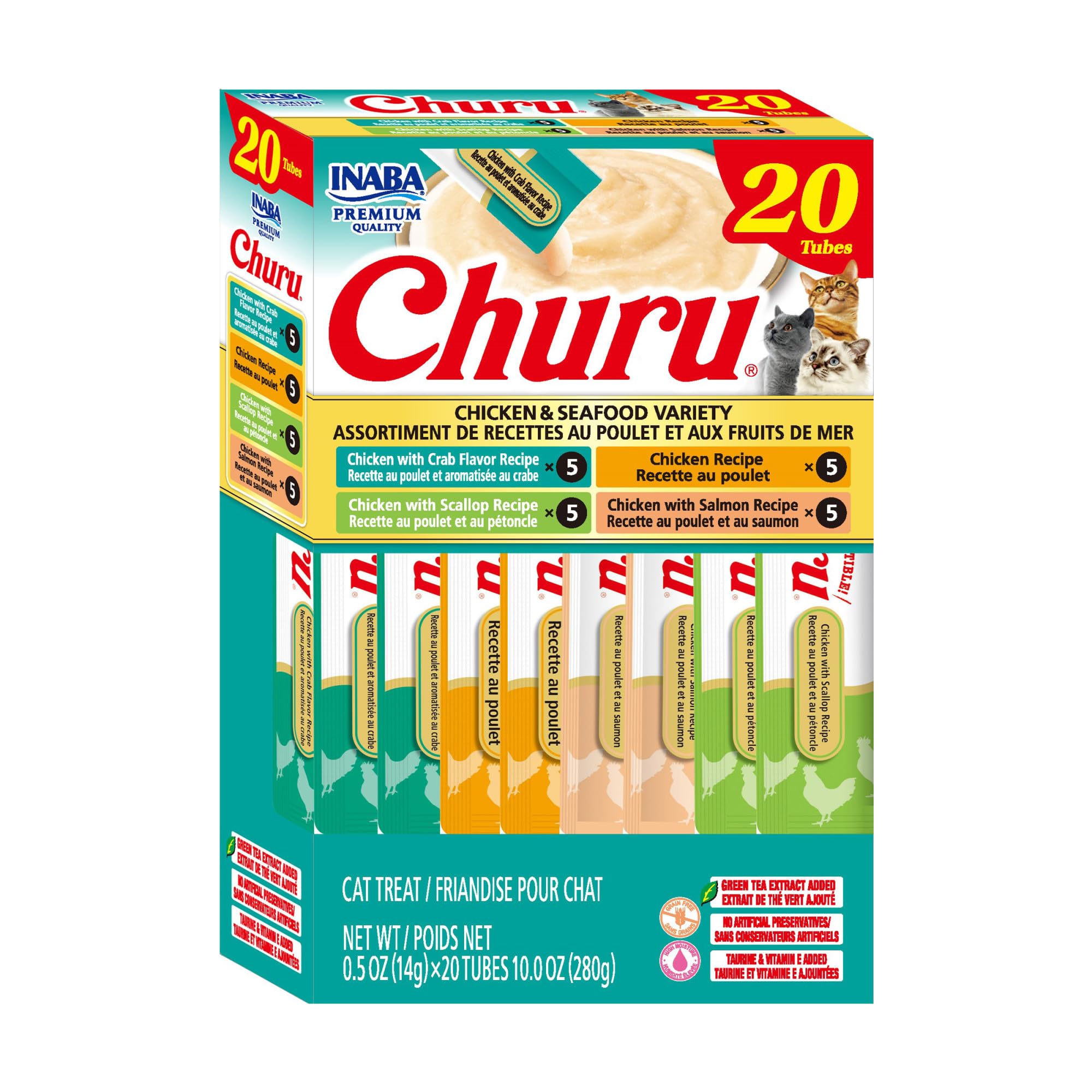 INABA Churu Cat Treats, Lickable, Squeezable Creamy Purée Cat Treat with Green Tea Extract & Taurine, 0.5 Ounces Each Tube, 20 Tubes, Tuna & Seafood Variety Box