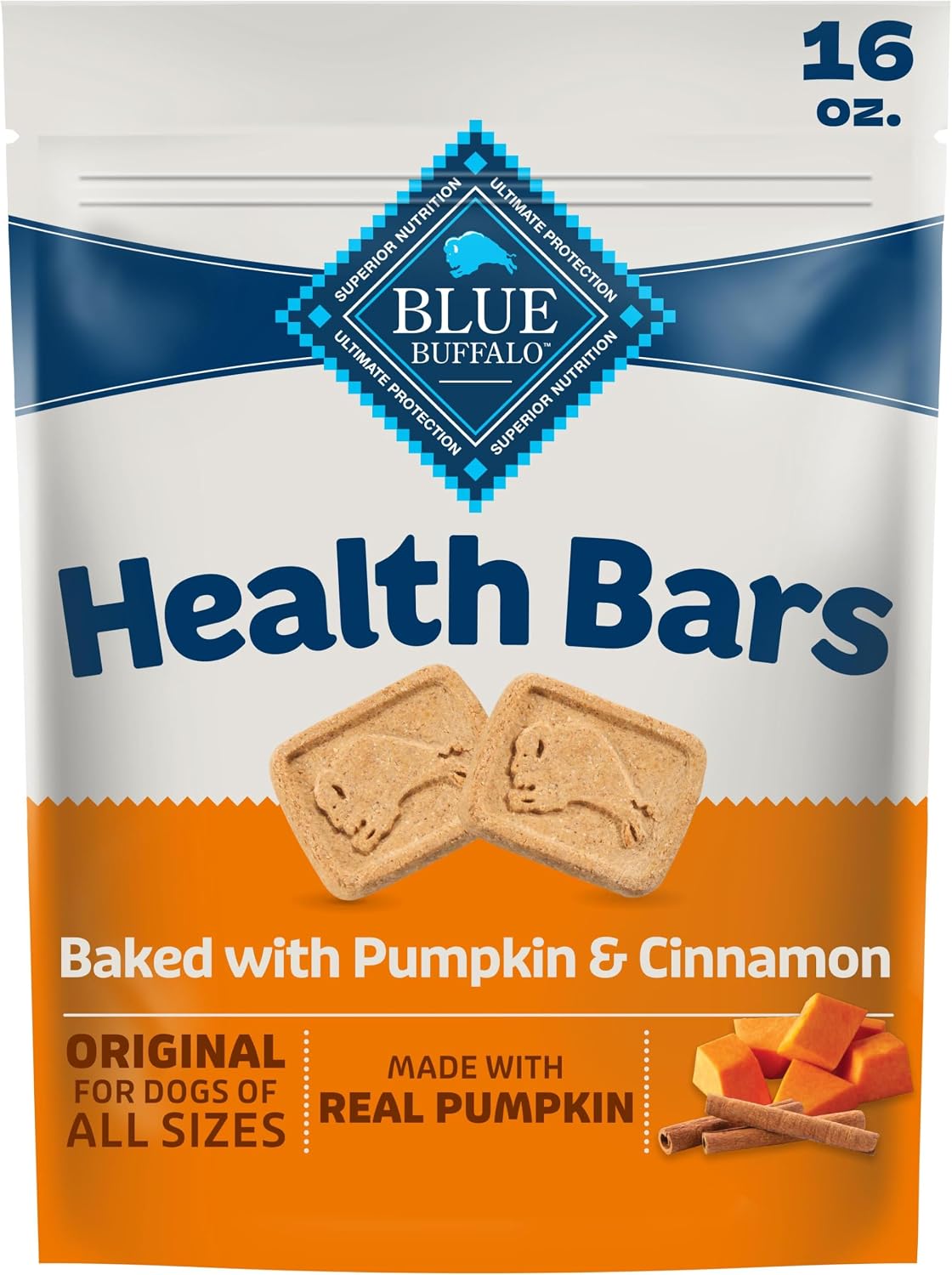 Blue Buffalo Health Bars Pumpkin & Cinnamon Dog Biscuits, 16 oz | Oven-Baked, Crunchy Texture, No Chicken By-Product, Corn, Wheat, or Soy
