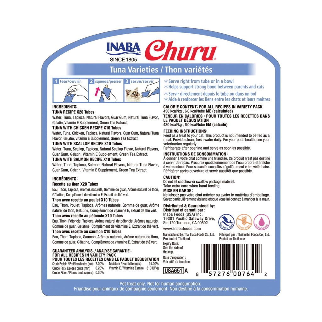 INABA Churu Cat Treats, Lickable, Squeezable Creamy Purée Cat Treat with Green Tea Extract & Taurine, 0.5 Ounces Each Tube, 20 Tubes, Tuna & Seafood Variety Box