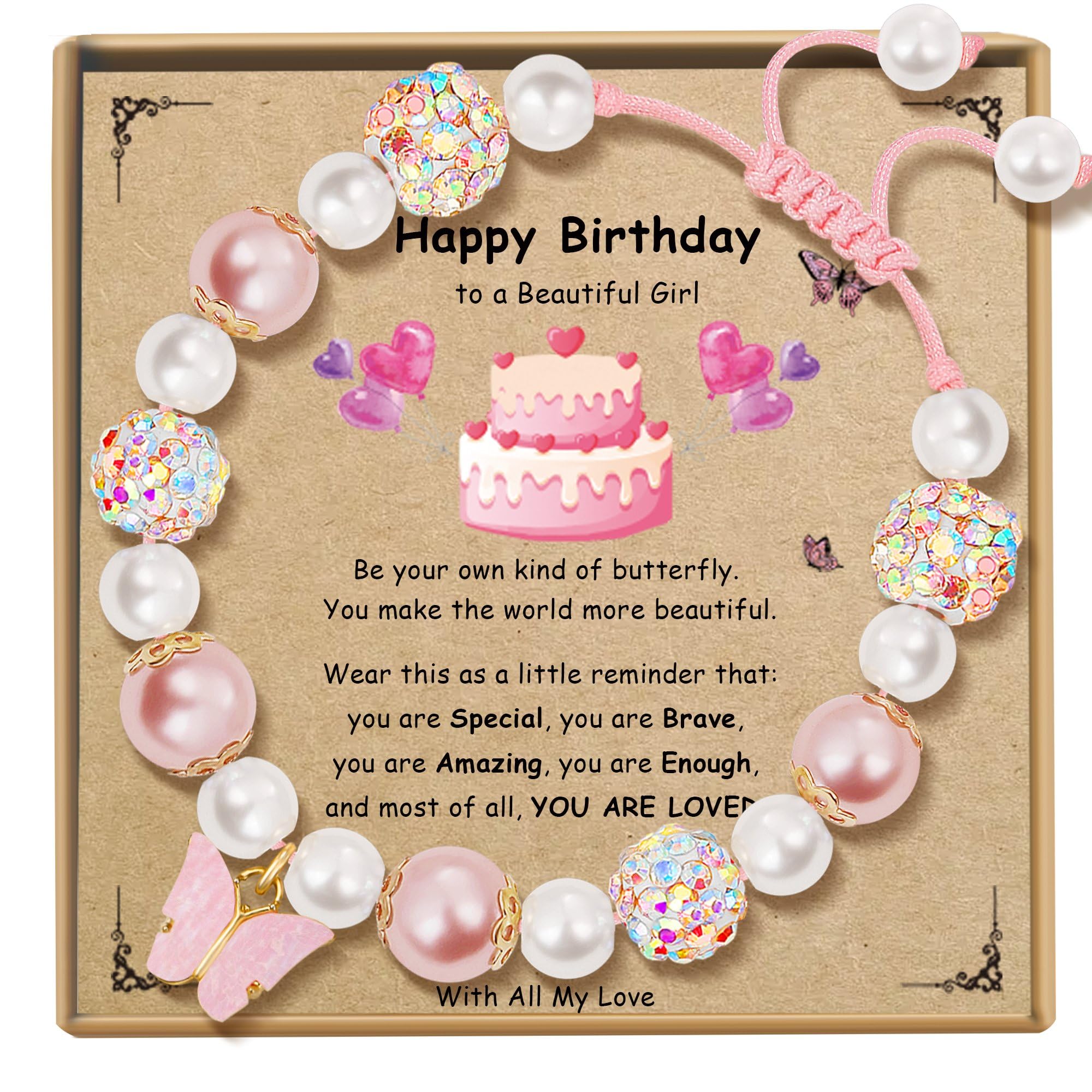 Sereney Birthday Gifts for Girls, 1-16 Year Old Girl Birthday Bracelet Gift | Adjustable Cross Pearl Beaded Bracelet, Happy Birthday Gifts for Daughter Granddaughter Niece, Handmade Link for Happy Bday