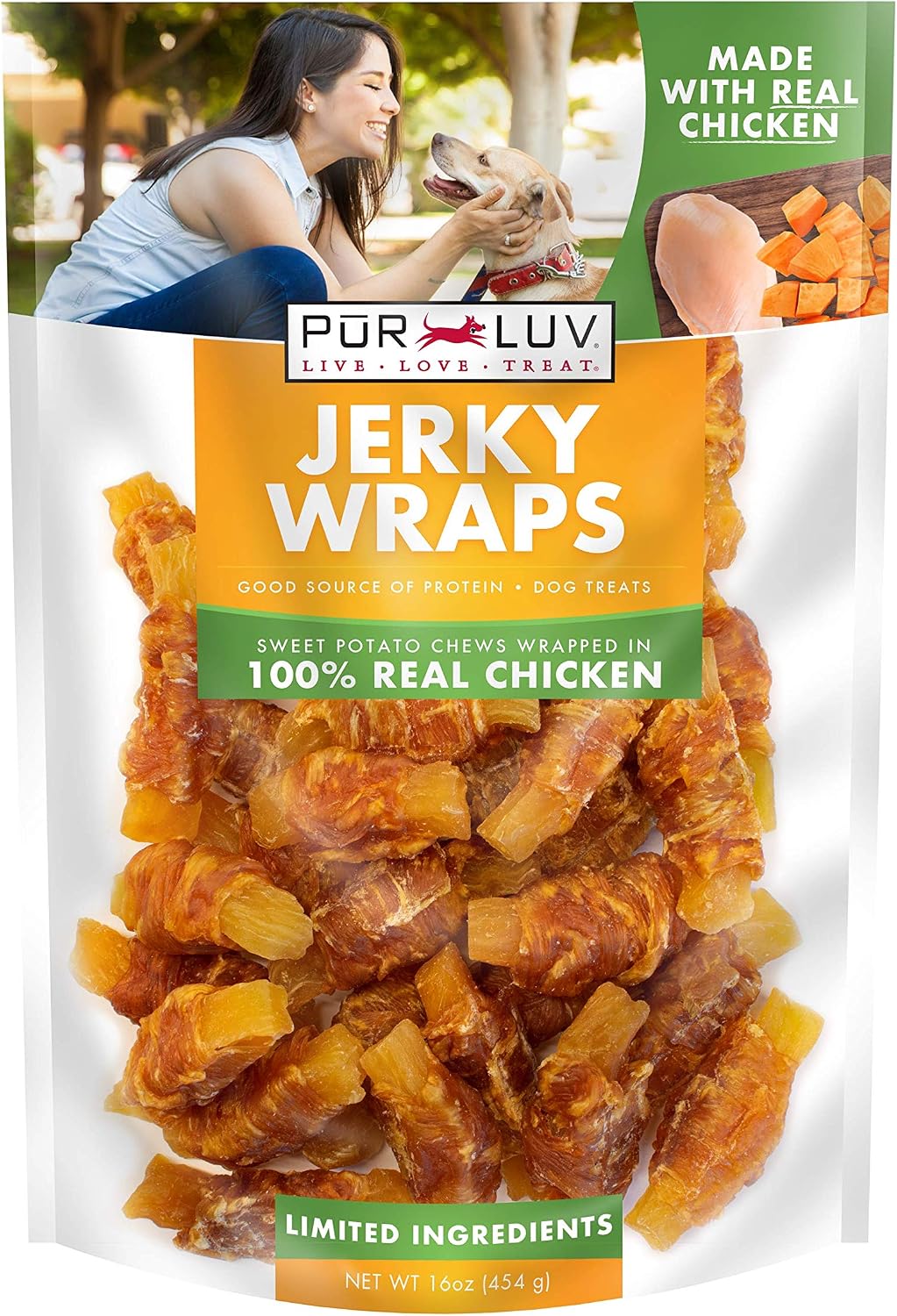 Pur Luv Chicken Wrapped Sweet Potato Dog Treats, Rawhide Free Jerky Wraps, Made with Real Chicken, 16 Oz, Healthy, Easily Digestible, Long Lasting, High Protein Treat, Satisfies Dog's Urge to Chew | Rawhide-free, high-protein jerky wrap: real chicken arou