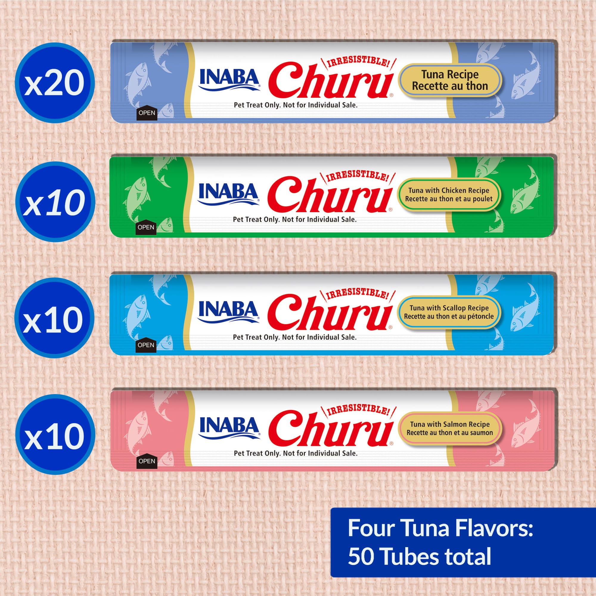 INABA Churu Cat Treats, Lickable, Squeezable Creamy Purée Cat Treat with Green Tea Extract & Taurine, 0.5 Ounces Each Tube, 20 Tubes, Tuna & Seafood Variety Box