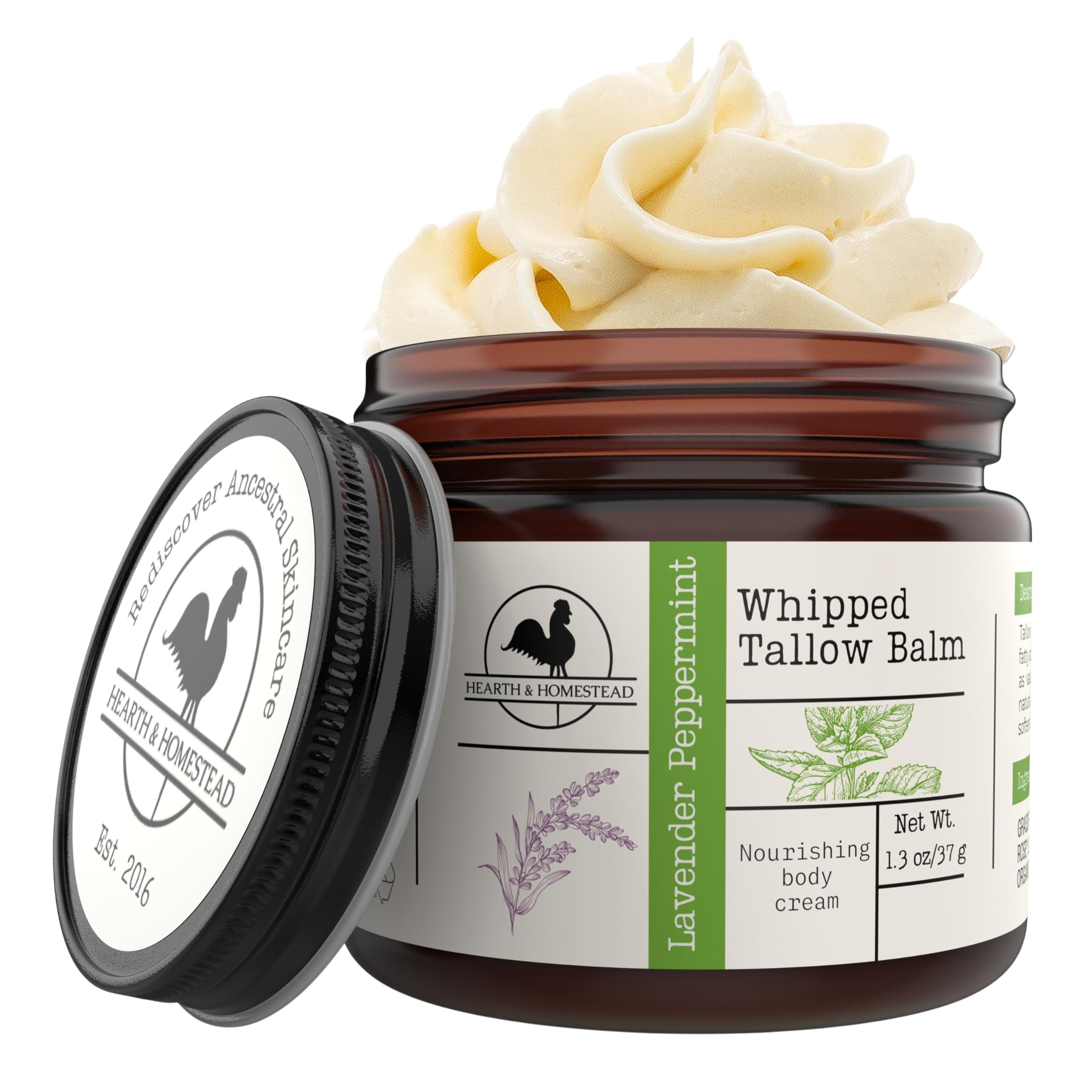 Hearth & Homestead Whipped Beef Tallow for Skin & Face, Unscented, 1.3oz | 100% Grass Fed & Finished, Eczema Cream & Body Butter, Only Organic Ingredients, For Skin & Face