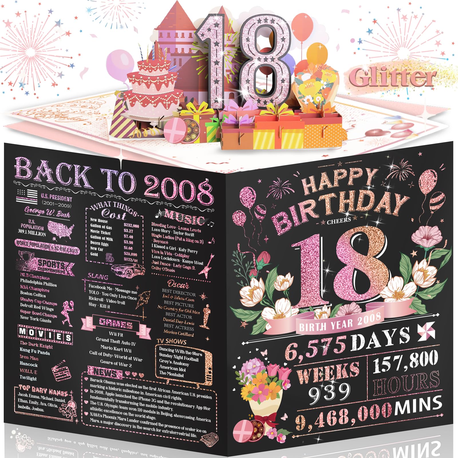 80th Birthday Card for Women Her, Large 3D Pop Up 80th Birthday cards forMom Grandma, Happy 80 Year Old Birthday Decorations for Wife Sister Funny Birthday Gifts, Back to 1946, Pink