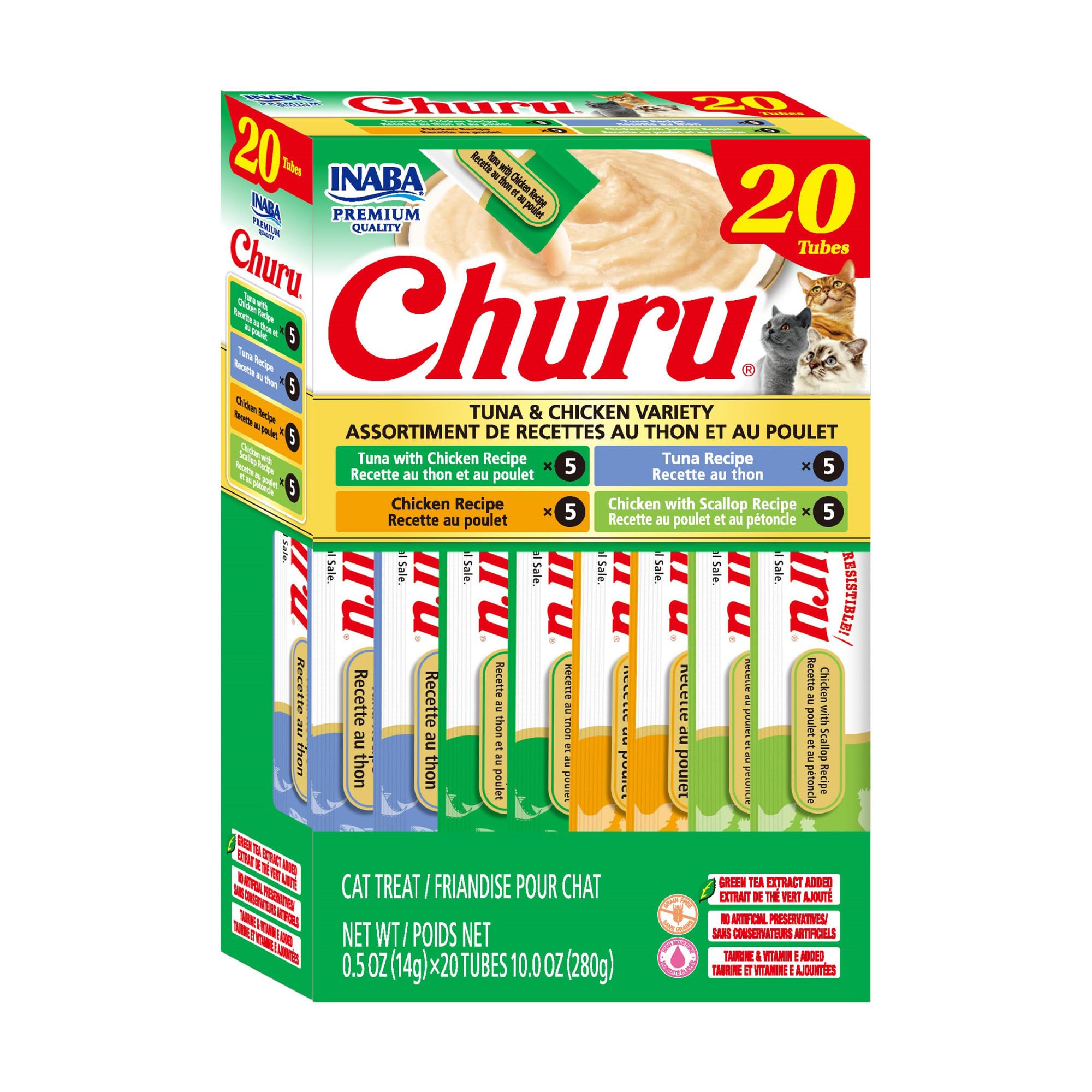 INABA Churu Cat Treats, Lickable, Squeezable Creamy Purée Cat Treat with Green Tea Extract & Taurine, 0.5 Ounces Each Tube, 20 Tubes, Tuna & Seafood Variety Box