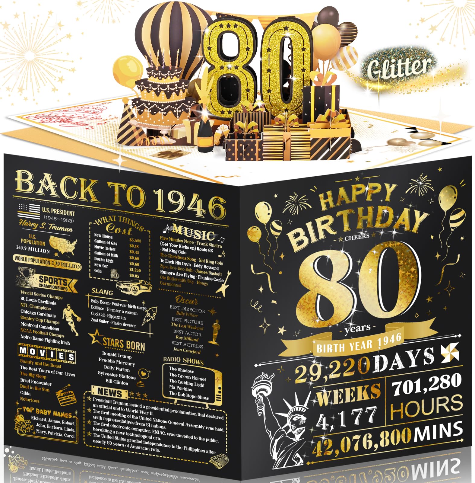 80th Birthday Card for Women Her, Large 3D Pop Up 80th Birthday cards forMom Grandma, Happy 80 Year Old Birthday Decorations for Wife Sister Funny Birthday Gifts, Back to 1946, Pink