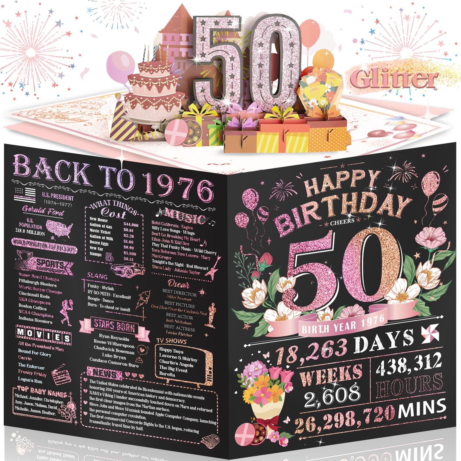 80th Birthday Card for Women Her, Large 3D Pop Up 80th Birthday cards forMom Grandma, Happy 80 Year Old Birthday Decorations for Wife Sister Funny Birthday Gifts, Back to 1946, Pink
