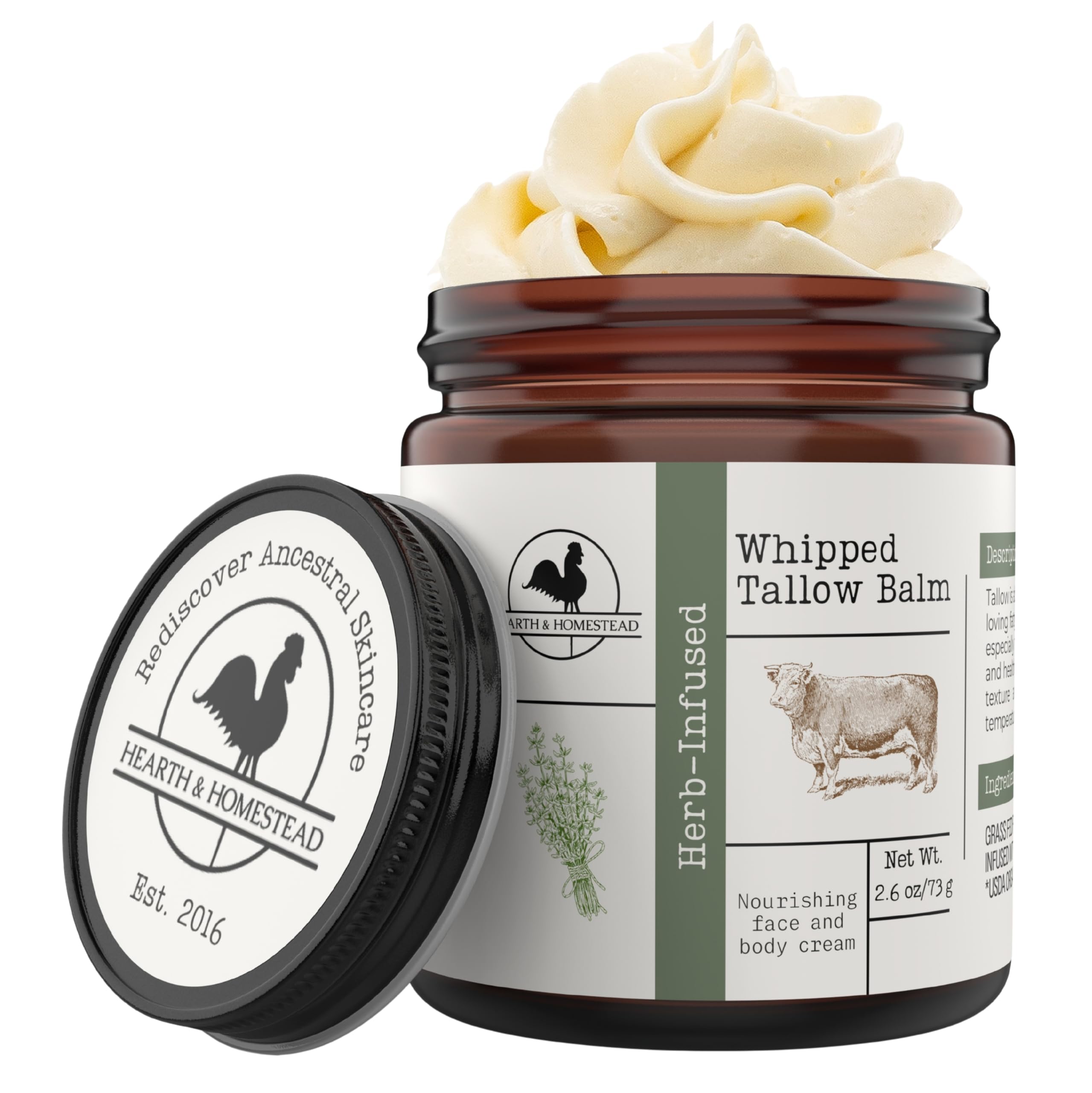 Hearth & Homestead Whipped Beef Tallow for Skin & Face, Unscented, 1.3oz | 100% Grass Fed & Finished, Eczema Cream & Body Butter, Only Organic Ingredients, For Skin & Face
