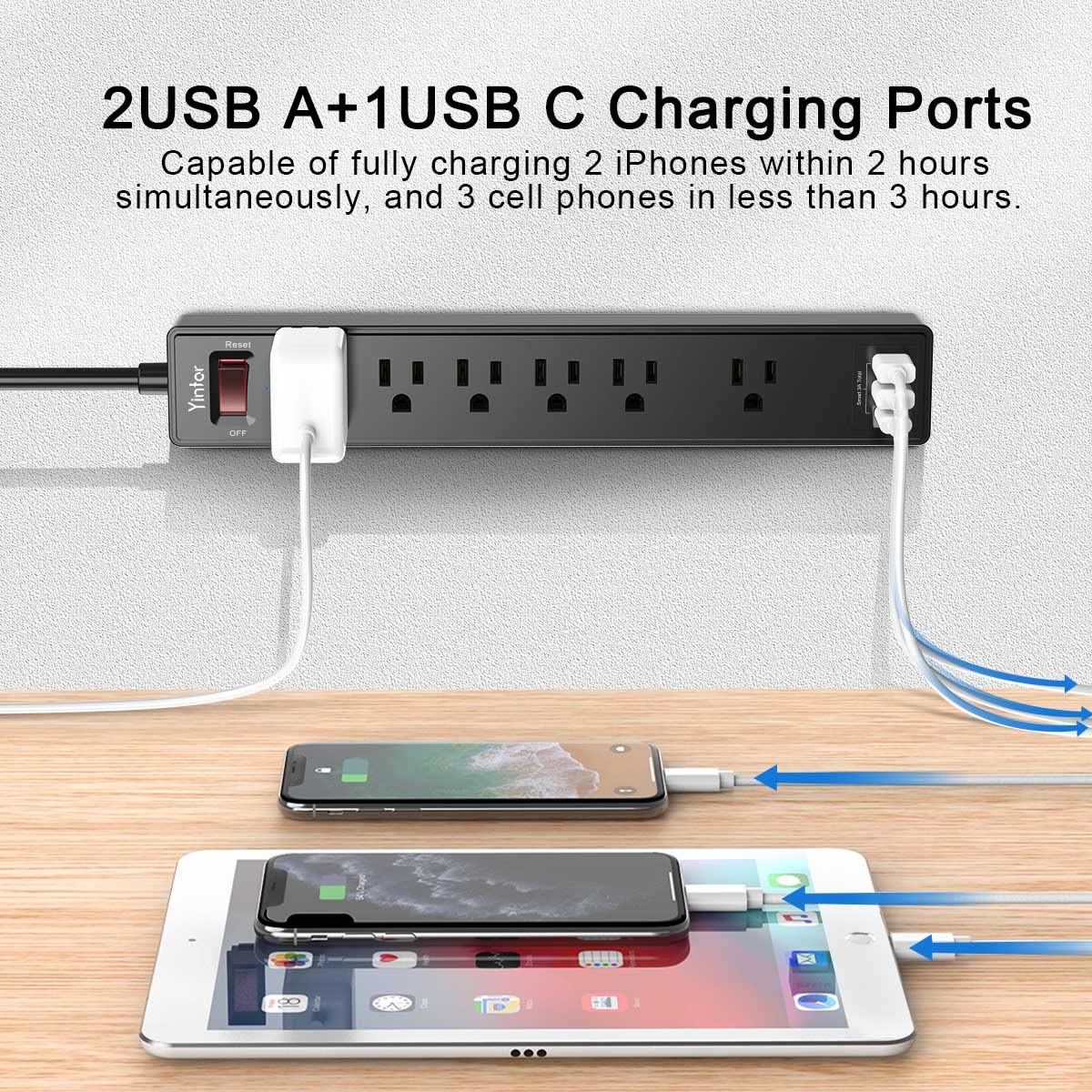 Yintar 10Ft Surge Protector Power Strip with 6 Outlets & 3 USB Ports, Black | 10 Feet Flat Plug Extension Cord with Multiple Outlets for Home, Office, Dorm Essentials, 1680 Joules, ETL Listed