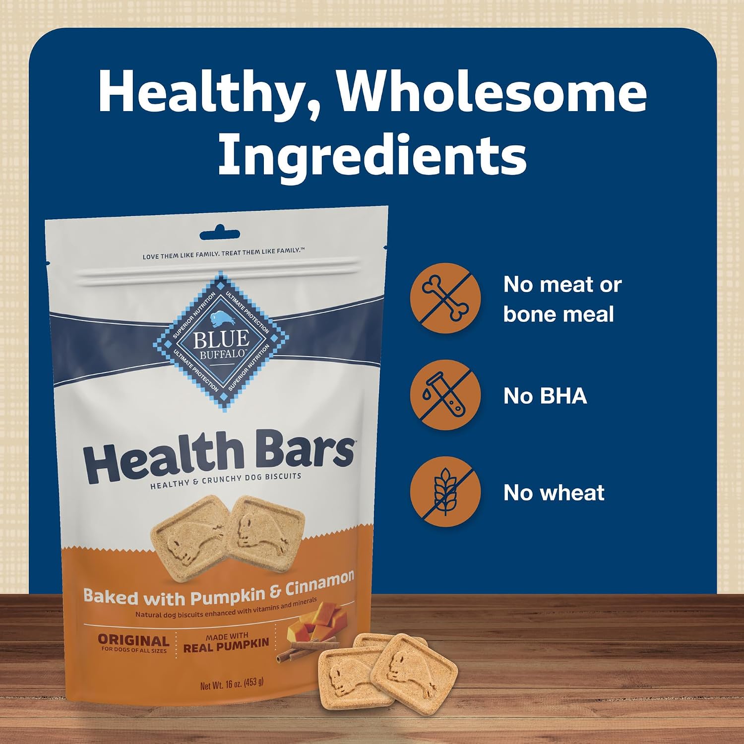 Blue Buffalo Health Bars Pumpkin & Cinnamon Dog Biscuits, 16 oz | Oven-Baked, Crunchy Texture, No Chicken By-Product, Corn, Wheat, or Soy