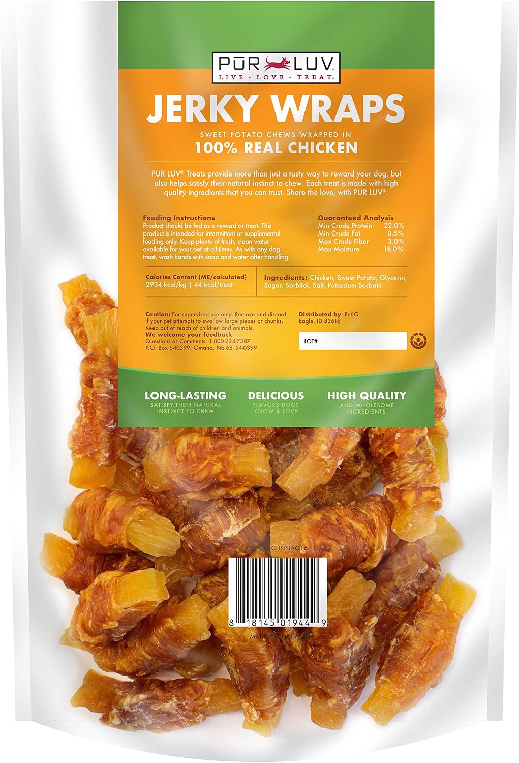 Pur Luv Chicken Wrapped Sweet Potato Dog Treats, Rawhide Free Jerky Wraps, Made with Real Chicken, 16 Oz, Healthy, Easily Digestible, Long Lasting, High Protein Treat, Satisfies Dog's Urge to Chew | Rawhide-free, high-protein jerky wrap: real chicken arou