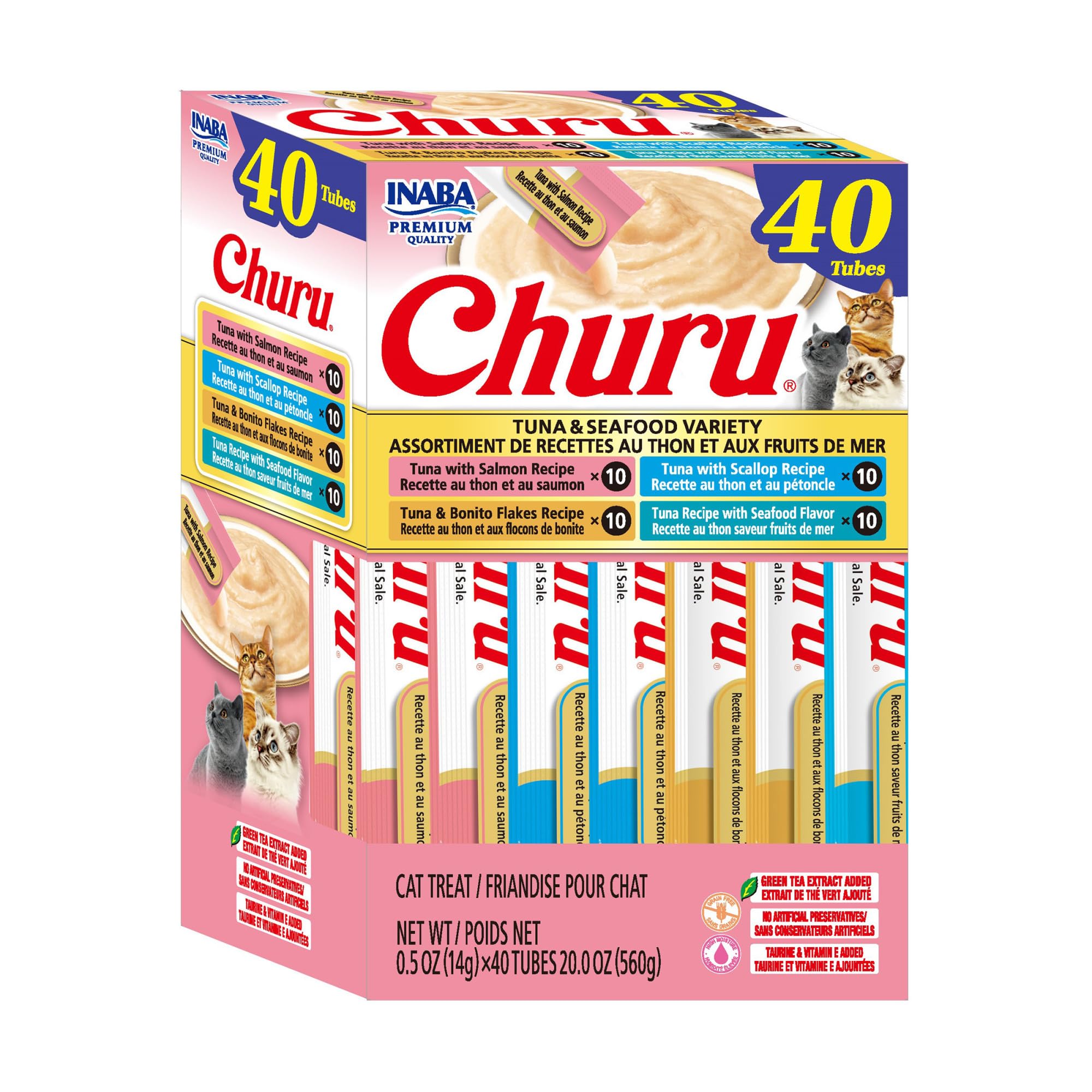 INABA Churu Cat Treats, Lickable, Squeezable Creamy Purée Cat Treat with Green Tea Extract & Taurine, 0.5 Ounces Each Tube, 20 Tubes, Tuna & Seafood Variety Box