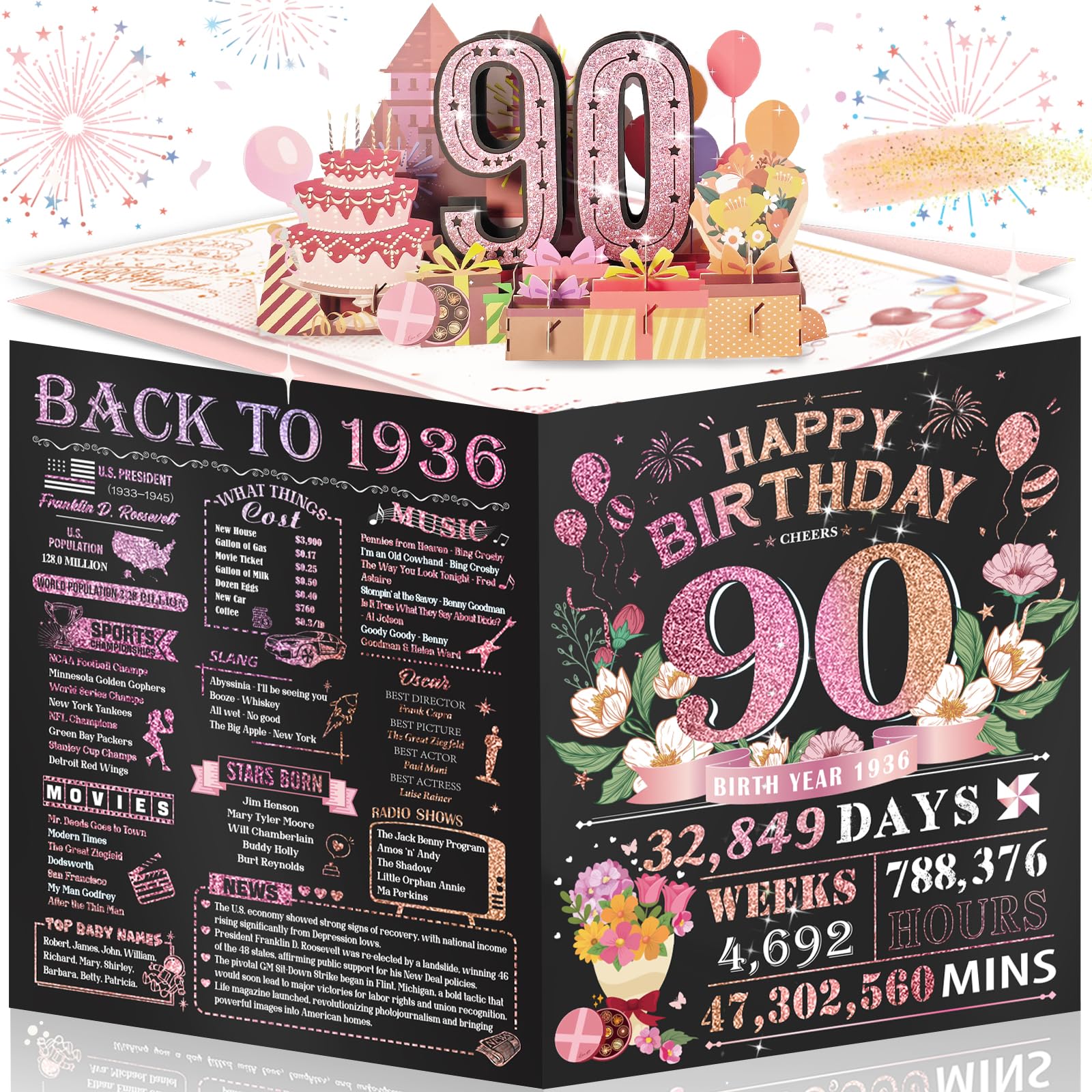 80th Birthday Card for Women Her, Large 3D Pop Up 80th Birthday cards forMom Grandma, Happy 80 Year Old Birthday Decorations for Wife Sister Funny Birthday Gifts, Back to 1946, Pink