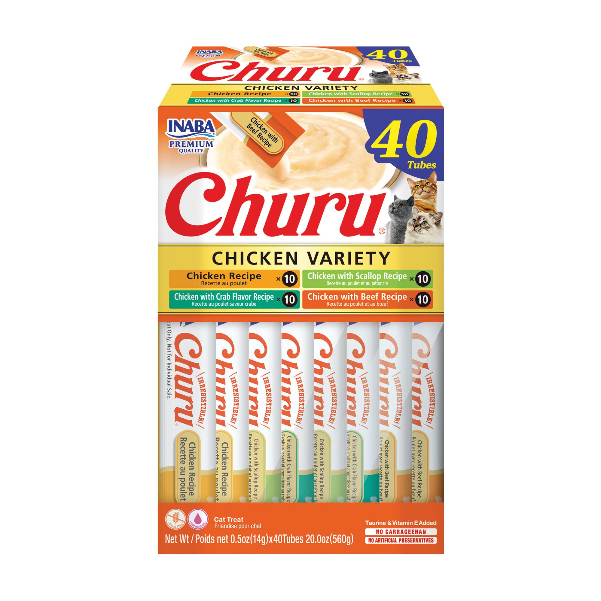 INABA Churu Cat Treats, Lickable, Squeezable Creamy Purée Cat Treat with Green Tea Extract & Taurine, 0.5 Ounces Each Tube, 20 Tubes, Tuna & Seafood Variety Box