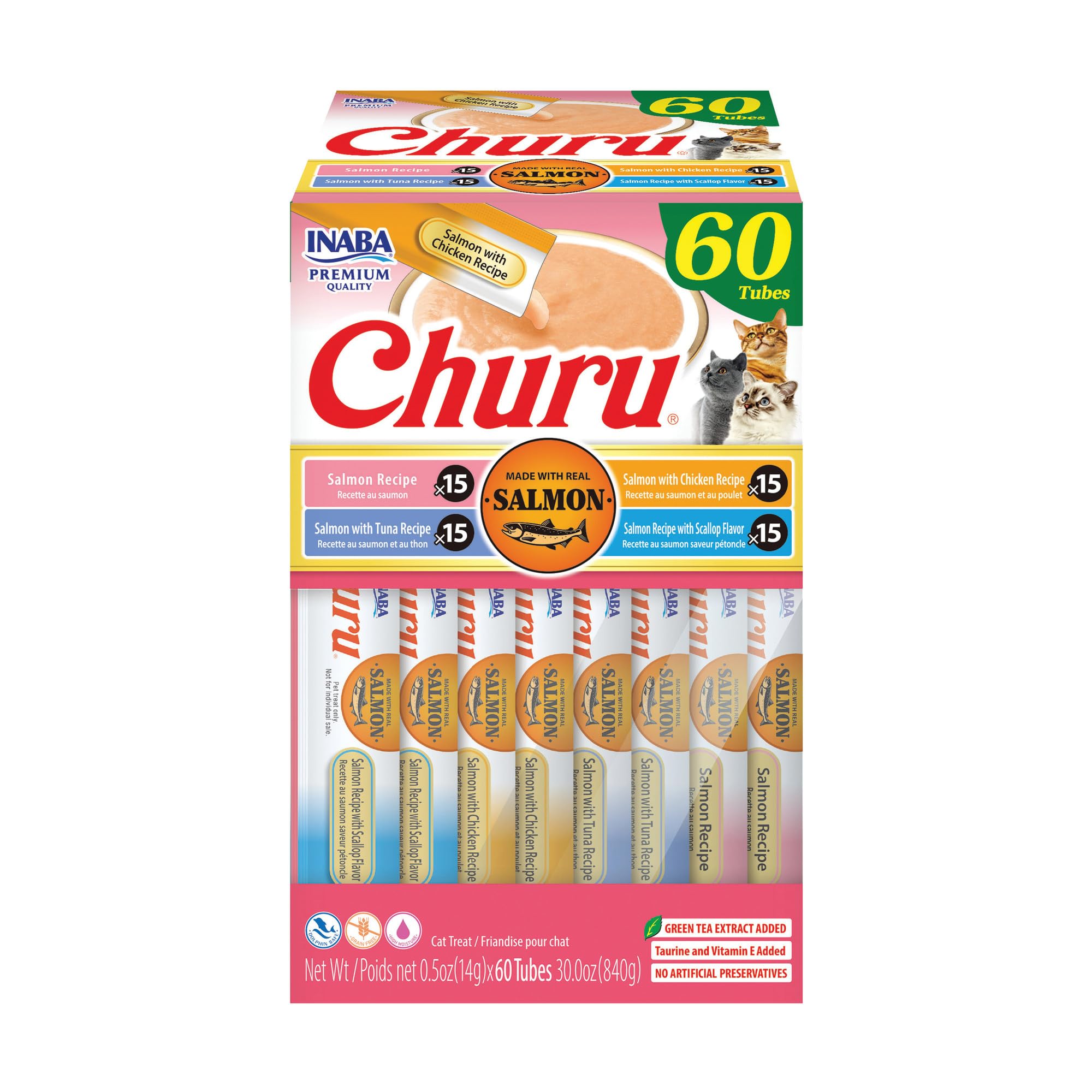 INABA Churu Cat Treats, Lickable, Squeezable Creamy Purée Cat Treat with Green Tea Extract & Taurine, 0.5 Ounces Each Tube, 20 Tubes, Tuna & Seafood Variety Box