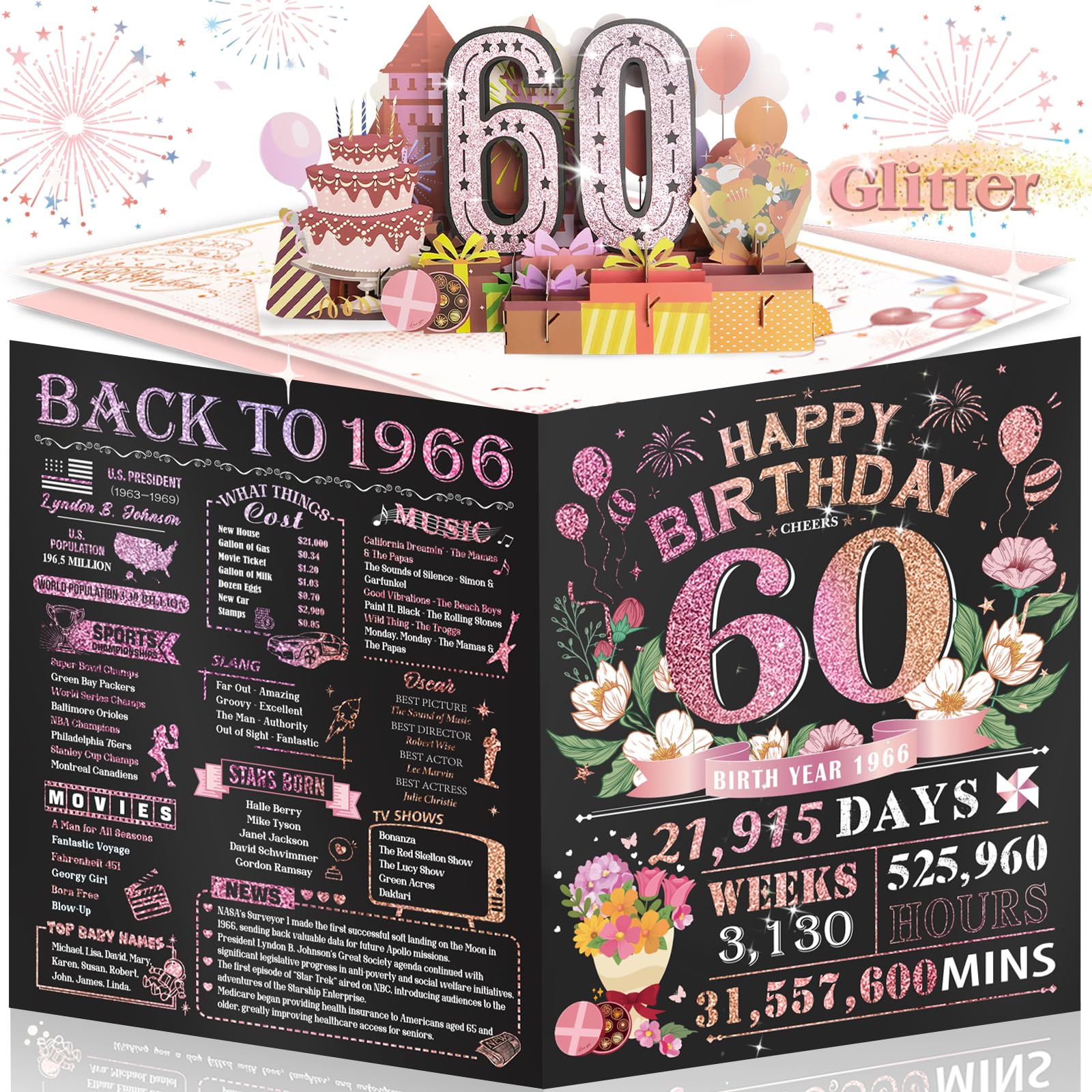 80th Birthday Card for Women Her, Large 3D Pop Up 80th Birthday cards forMom Grandma, Happy 80 Year Old Birthday Decorations for Wife Sister Funny Birthday Gifts, Back to 1946, Pink