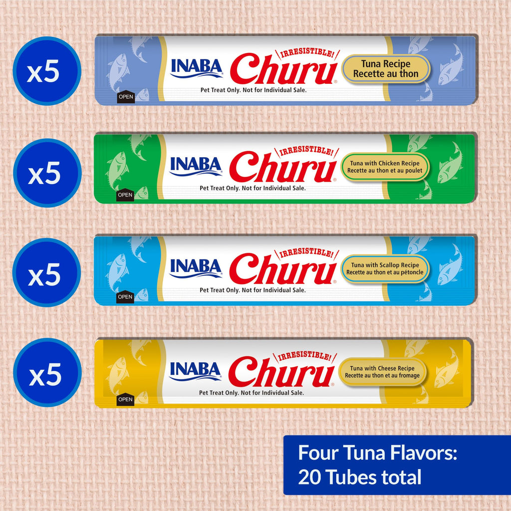 INABA Churu Cat Treats, Lickable, Squeezable Creamy Purée Cat Treat with Green Tea Extract & Taurine, 0.5 Ounces Each Tube, 20 Tubes, Tuna & Seafood Variety Box